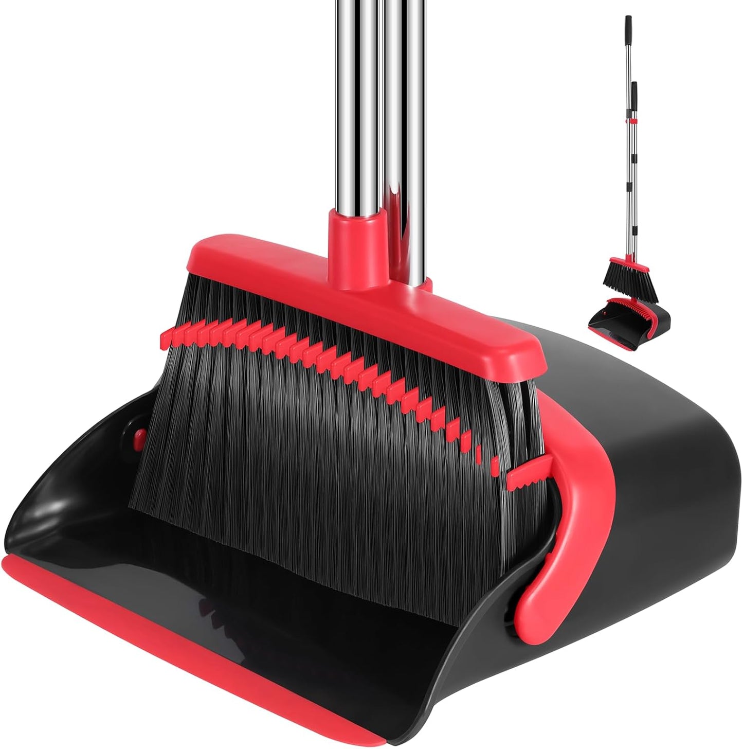NACENA Broom and Dustpan Set, 52-in Long Adjustable Handle Broom Dustpan Combo with Dustpan Teeth to Automatically Clean Hair Suitable for Home Kitchen Office Hall Floor(Black&Red)