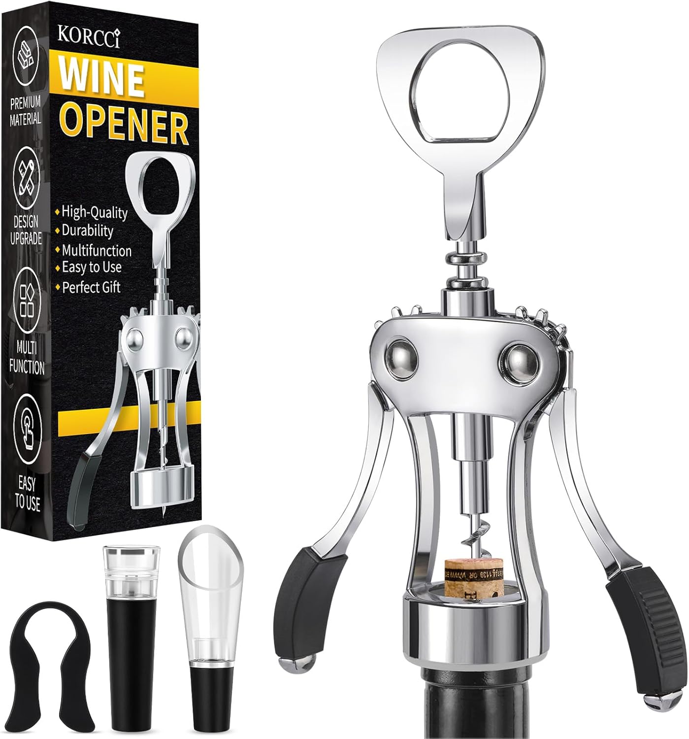 KORCCI Wine Opener, Heavy-Duty Zinc Alloy Wing Corkscrew, Premium Beer Bottle Opener, Multifunctional Wine Accessories with Ergonomic Handle and Sharp Screw, for Kitchen, Bar, Restaurant, Bartenders