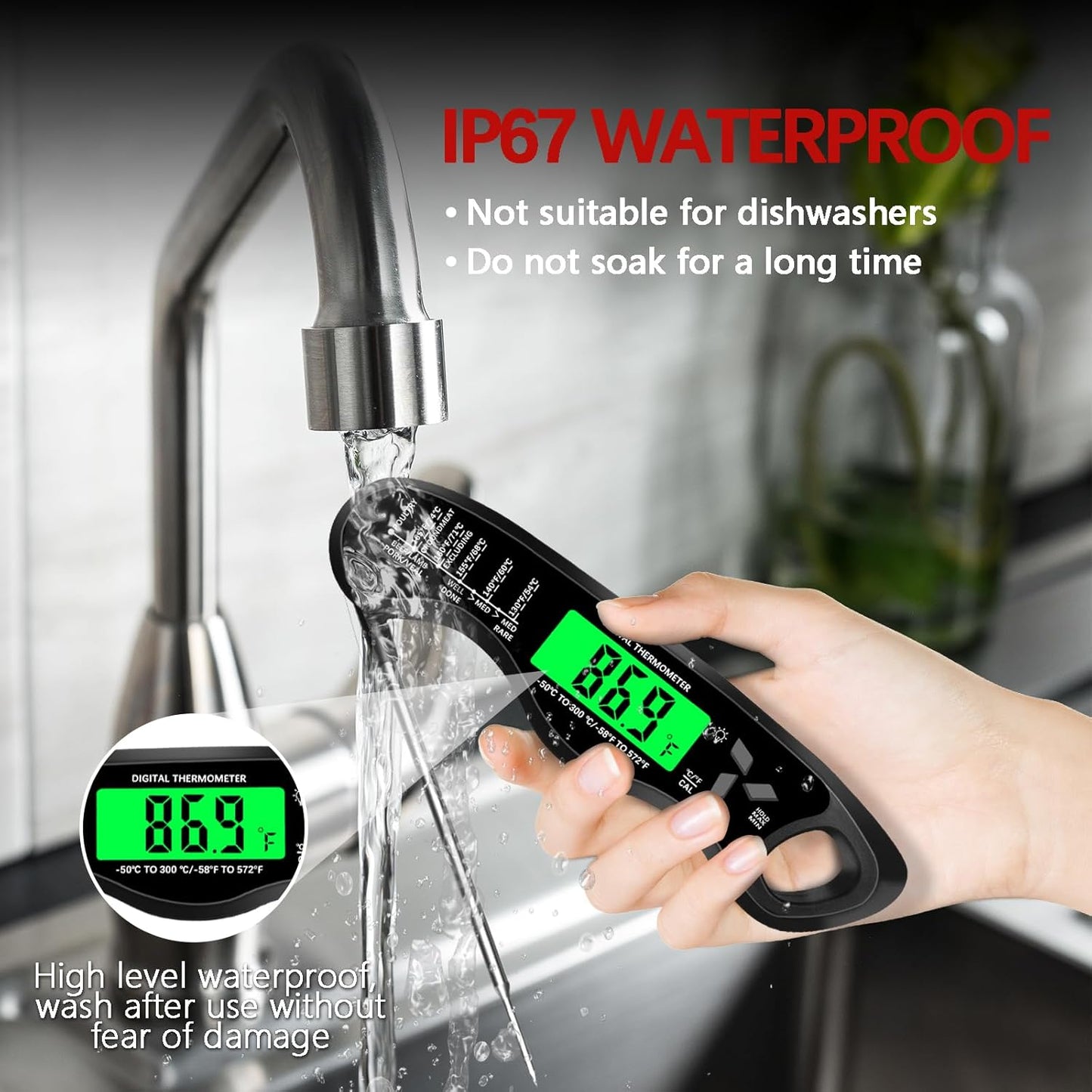 Meat Thermometer Digital,IP67 Waterproof Cooking Thermometer with Backlight, Calibration & Hold Function,Food Thermometer for Cooking,Outdoor Grilling,Suitable as Stocking Stuffers for Men