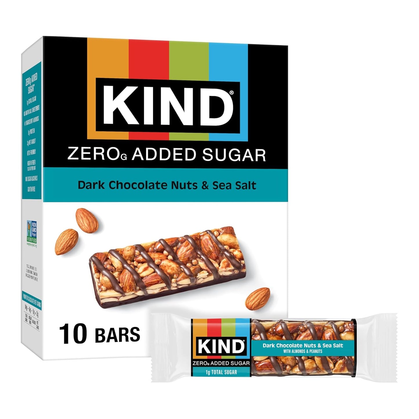 Kind Zero Added Sugar Healthy Snacks Bars, Dark Chocolate Nuts & Sea Salt, Gluten Free, High Fiber, Keto Snacks, 5g Protein, 10 Count