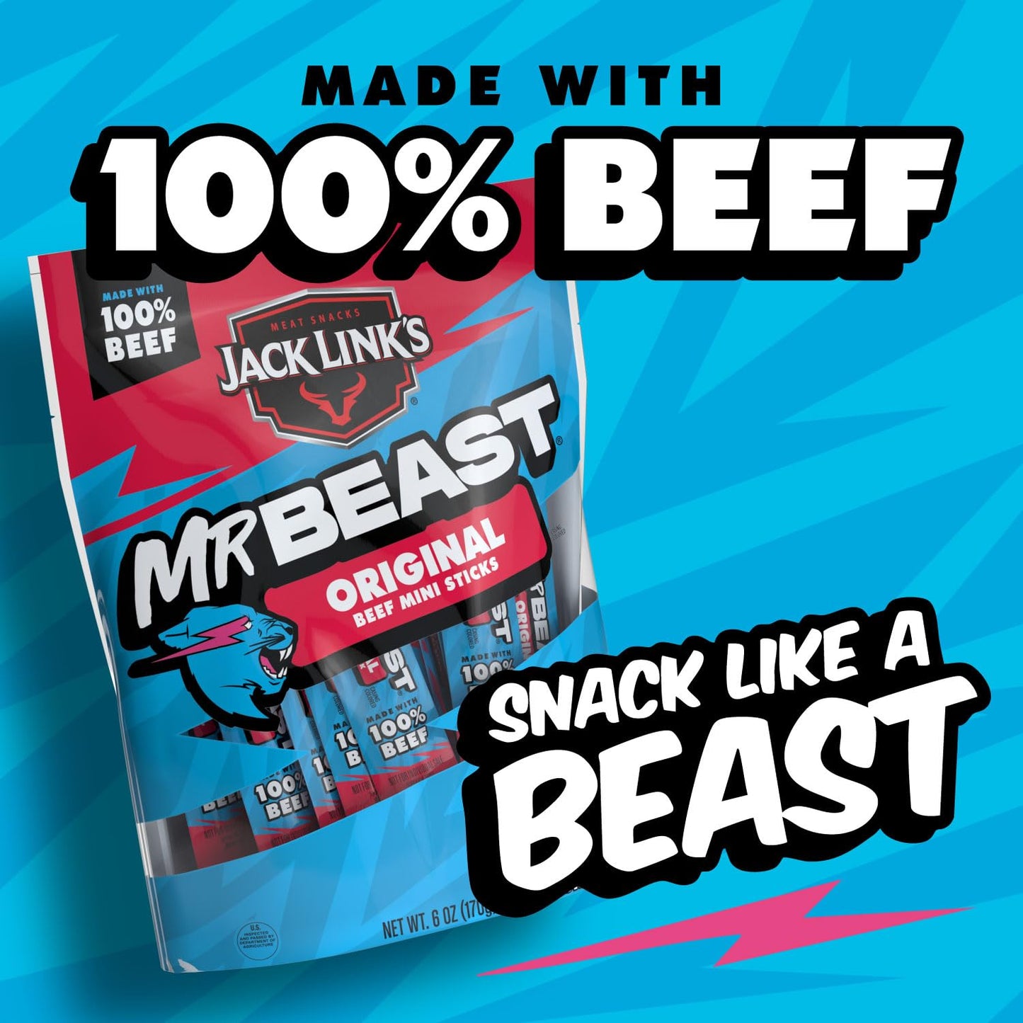 Jack Link's x MrBeast Original Mini Beef Jerky Sticks - Individually Wrapped Protein Snacks - 6g Protein per Serving - Made with 100% Real Beef - (12 Pack) 0.5 oz Meat Sticks
