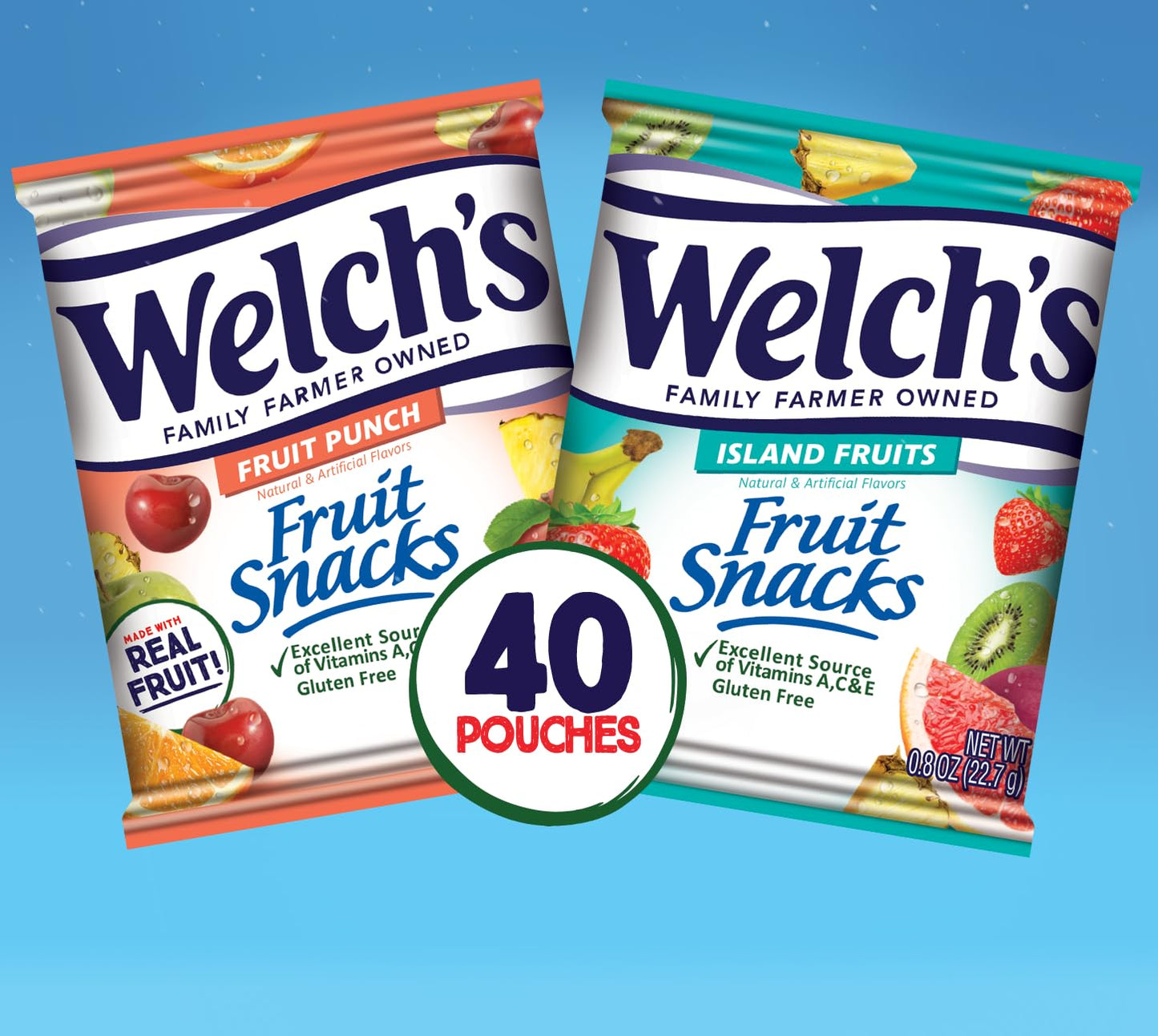 Welch's Fruit Snacks, Fruit Punch & Island Fruits, Individual Single Serve 0.8 oz bags (Pack of 40)