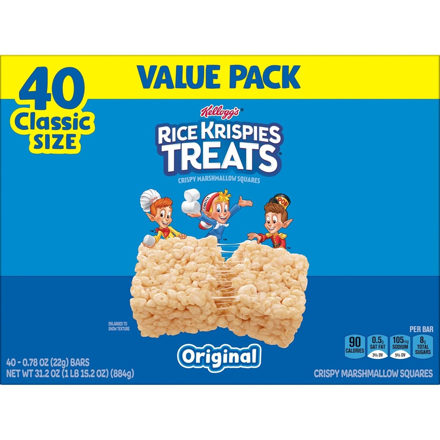 Rice Krispies Treats Crispy Marshmallow Squares, Kids Snacks, Snack Bars, Original, 31.2oz Box (40 Bars)