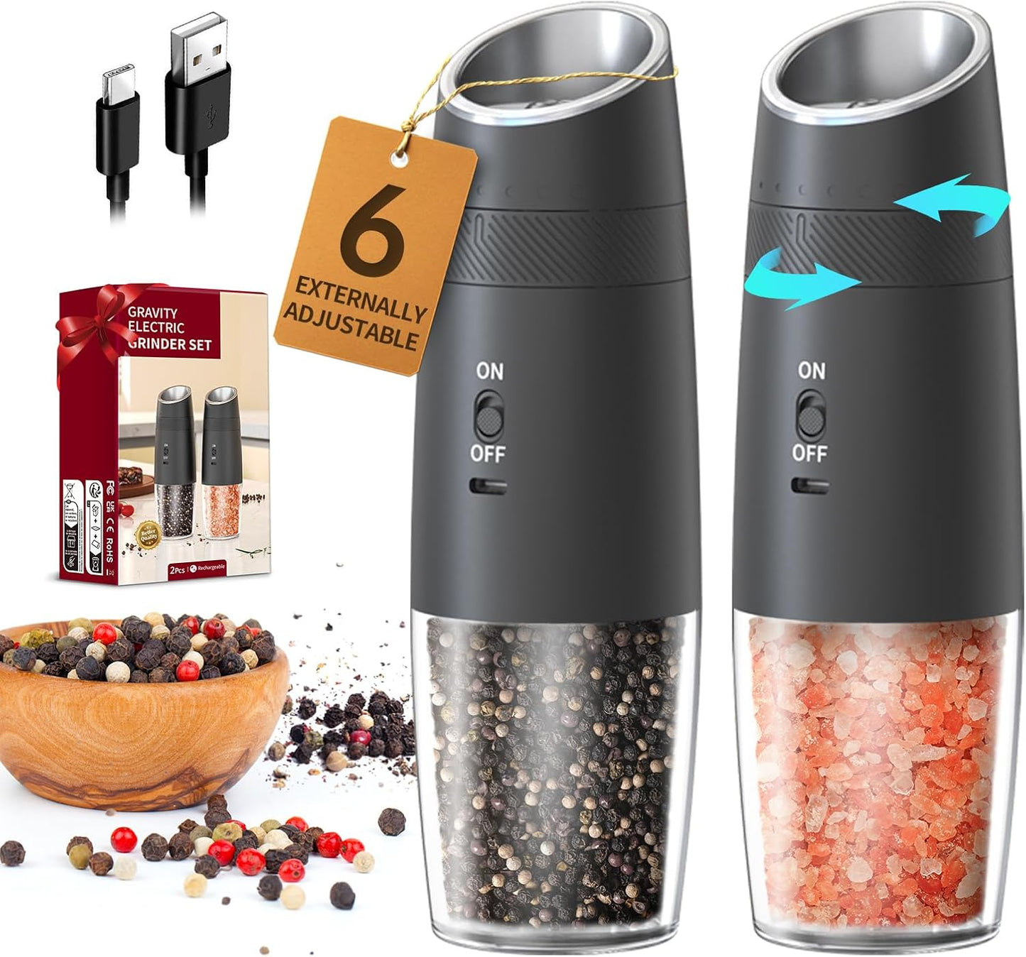 CIRCLE JOY Gravity Electric Salt and Pepper Grinder Set Automatic Salt and Pepper Grinder Set with LED Light, Battery Operated, Adjustable Coarseness, Large Capacity, for Home Kitchen BBQ
