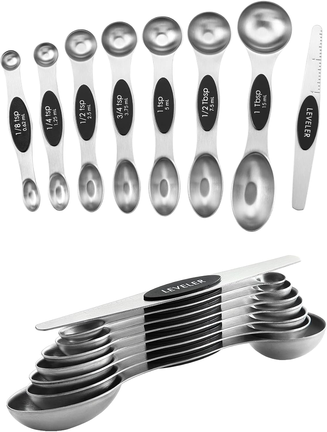 Spring Chef Stainless Steel Magnetic Measuring Spoons Set with Strong N45 Magnets, Heavy Duty Metal Kitchen Gadgets for Baking & Cooking, Fits in Most Kitchen Spice Jars, Set of 8 with Leveler, Black
