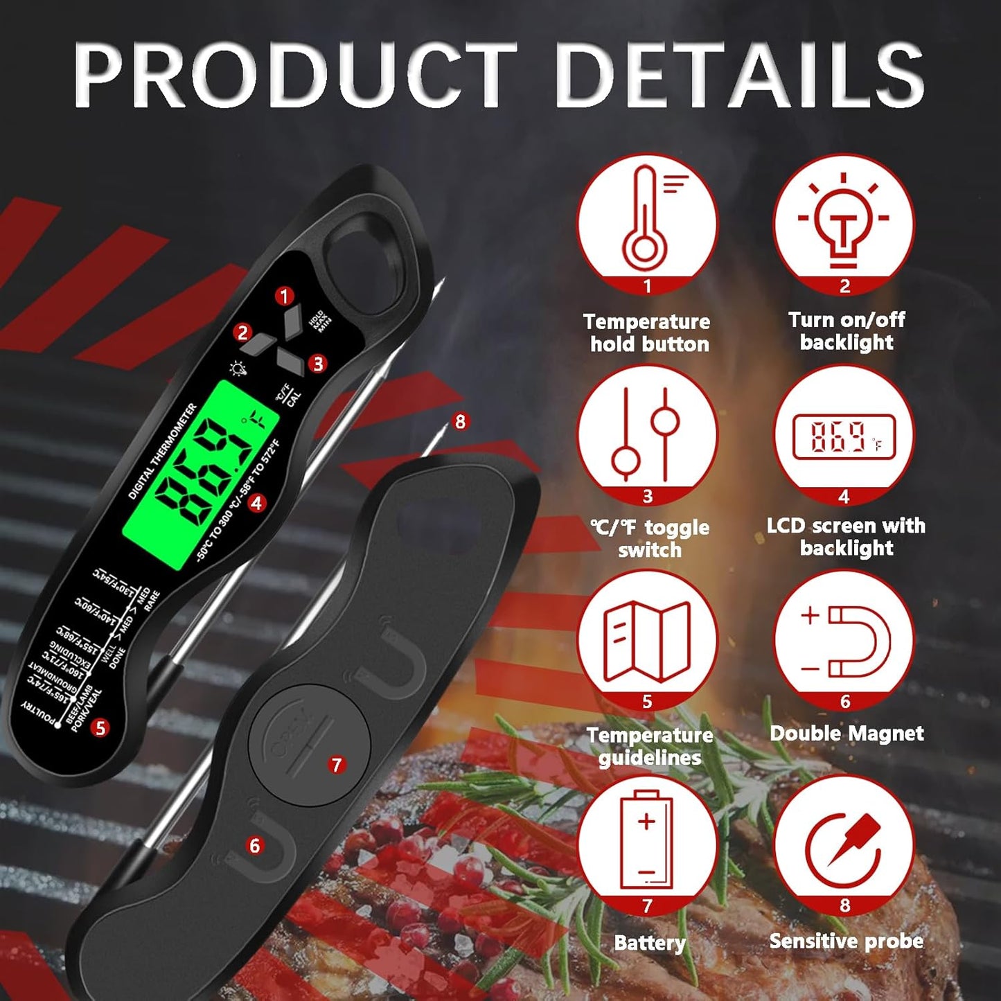 Meat Thermometer Digital,IP67 Waterproof Cooking Thermometer with Backlight, Calibration & Hold Function,Food Thermometer for Cooking,Outdoor Grilling,Suitable as Stocking Stuffers for Men