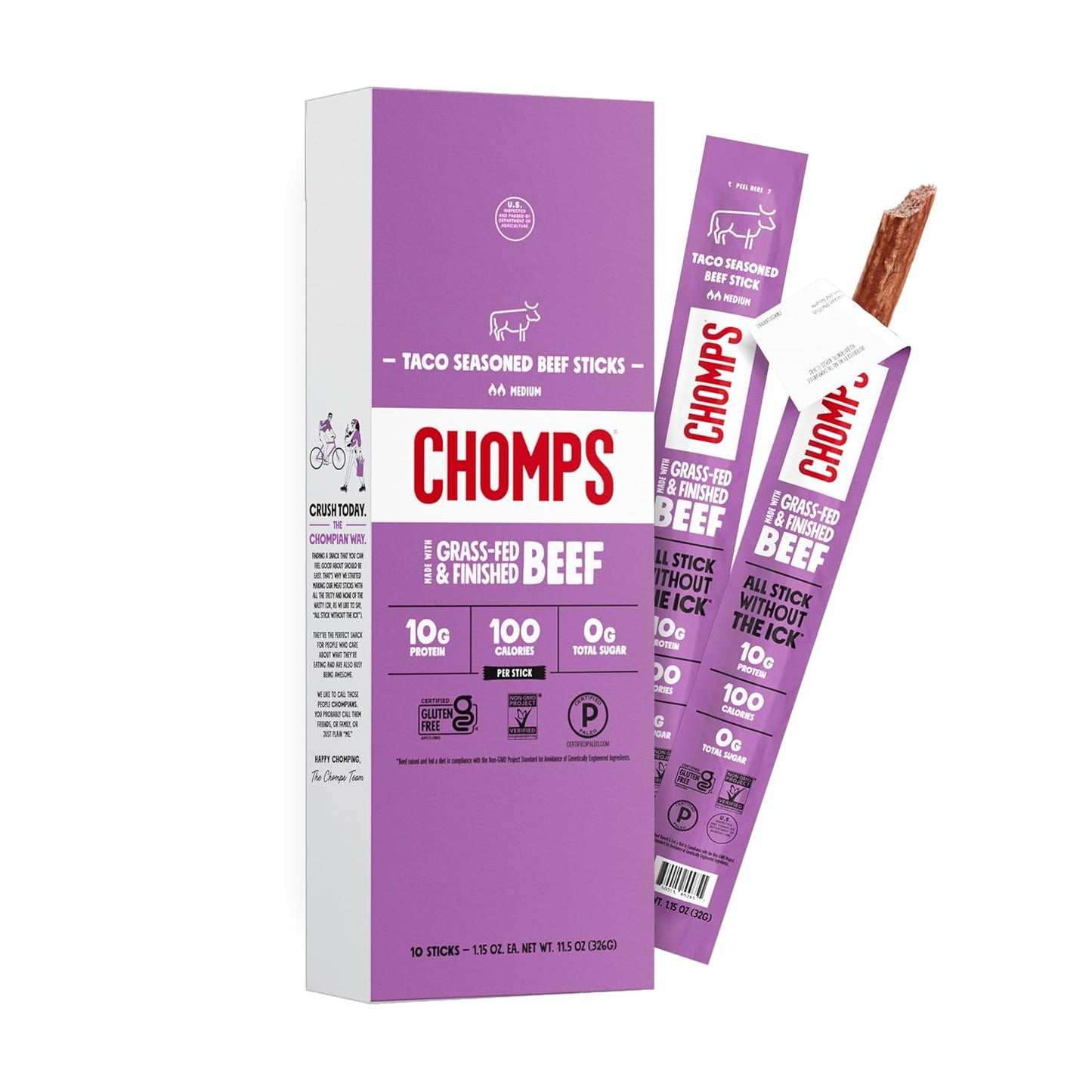 Chomps Grass-Fed and Finished Smoky BBQ Beef Jerky Snack Sticks 10-Pack - Keto, Paleo, Whole30, 10g Lean Meat Protein, Gluten-Free, Zero Sugar Food, Non-GMO