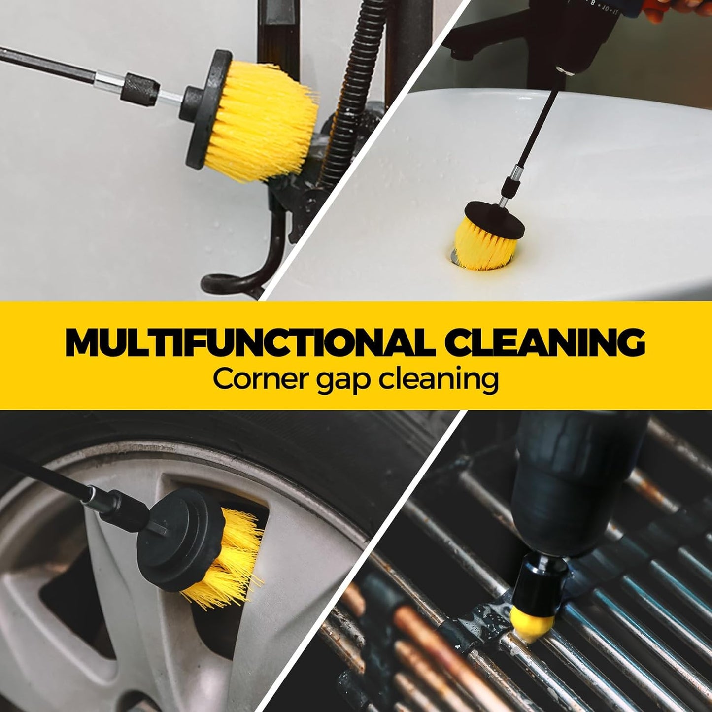 Holikme 6Pack Drill Brush Power Scrubber Cleaning Brush Extended Long Attachment Set All Purpose Drill Scrub Brushes Kit for Grout, Floor, Tub, Bathroom and Kitchen Surface,Scratch Brushes(Yellow)