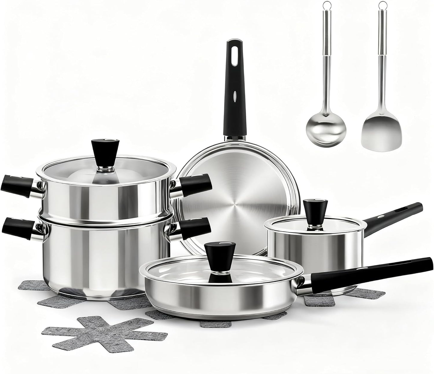 Stainless Steel Pots and Pans Set, 6 Piece Kitchen Induction Cookware Sets with Glass Lids, Works with Induction, Electric and Gas Cooktops, Non Toxic, Oven & Dishwasher Safe