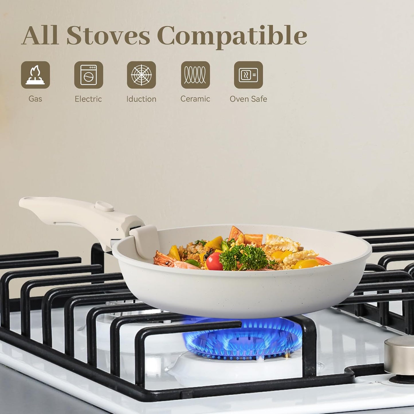 5PCS Pots and Pans Set Non Stick, Kitchen Cookware Sets with Detachable Handle, Induction Cookware Sets, Non Stick RV Cookware Cooking Set, Dishwasher & Oven Safe, PFOA Free, Cream White