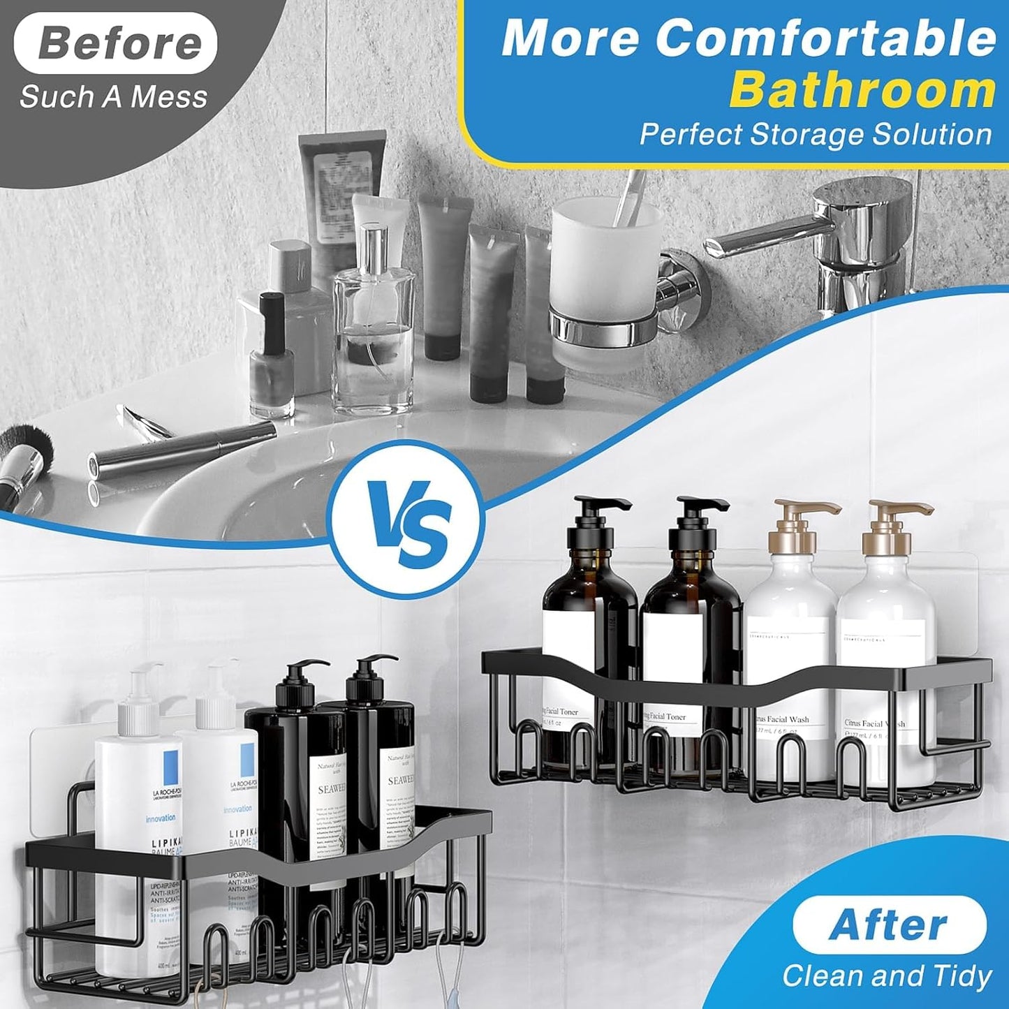 5-Pack Rustproof Stainless Steel Shower Caddy Set– No Drill Adhesive Bathroom Organizer, Space-Saving Shower Shelves for Apartment Essentials, Bathroom/Kitchen Storage Home Decor-L Size
