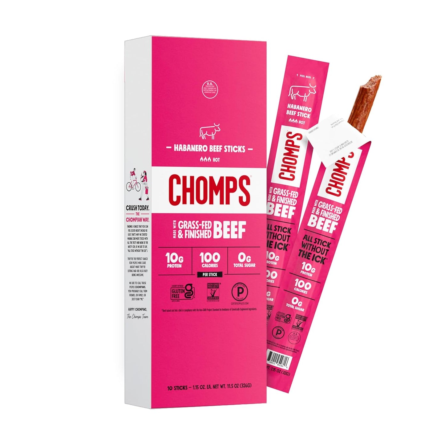 Chomps Grass-Fed and Finished Smoky BBQ Beef Jerky Snack Sticks 10-Pack - Keto, Paleo, Whole30, 10g Lean Meat Protein, Gluten-Free, Zero Sugar Food, Non-GMO