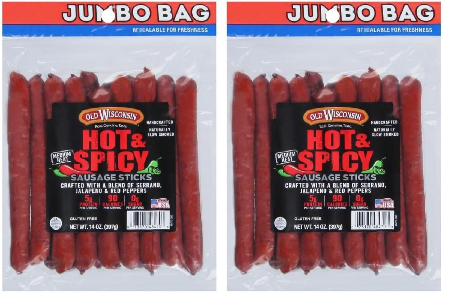 Old Wisconsin Hot & Spicy Sausage Snack Sticks, Naturally Smoked, Ready to Eat, High Protein, Low Carb, Keto, Gluten Free, 14 Ounce Resealable Package