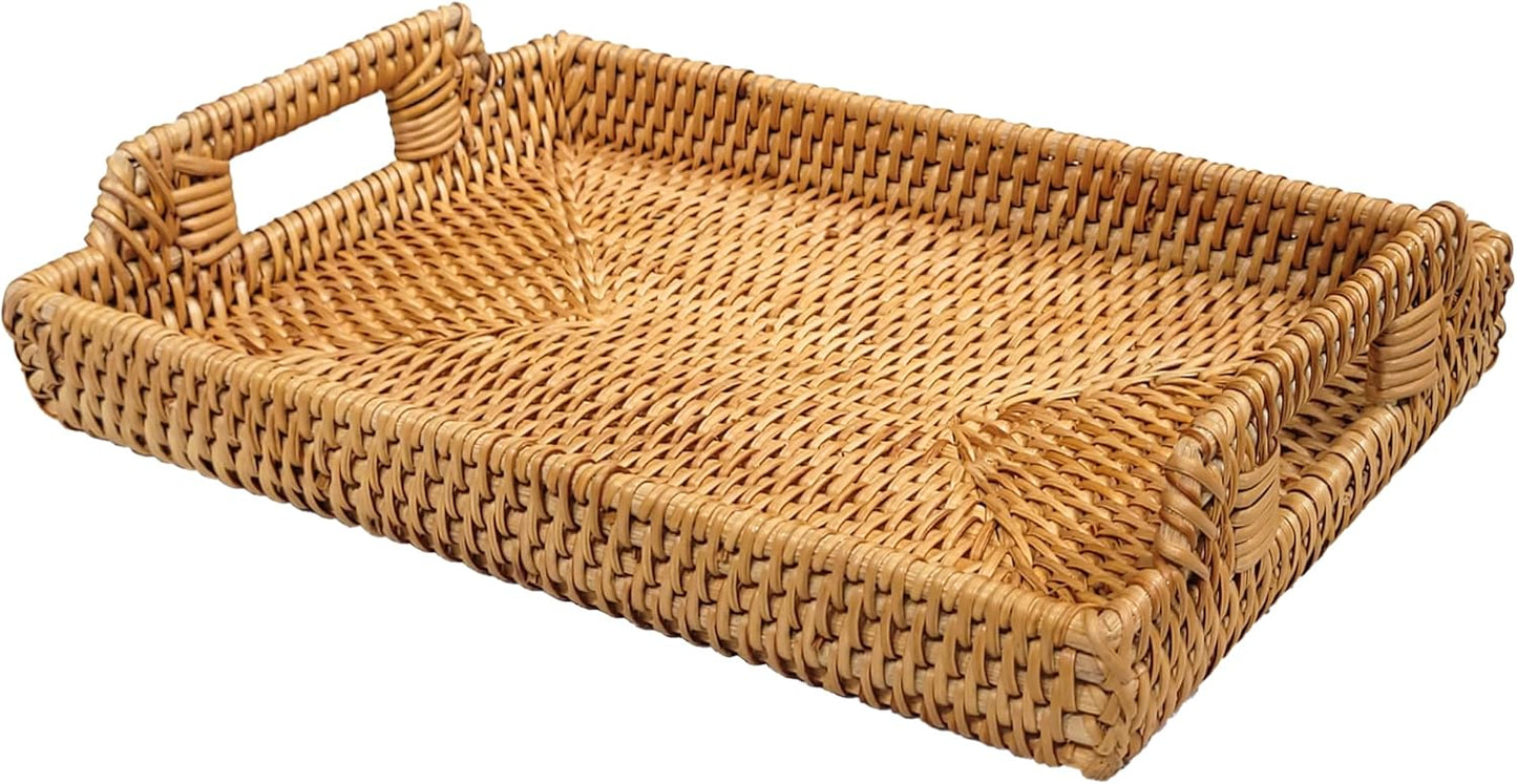 Rattan Serving Tray with Handles (11.4 x 16.9 x 2 in) โ Handwoven Wicker Tray for Coffee Table, Breakfast, Ottoman & Home Decor, Natural Woven Tray