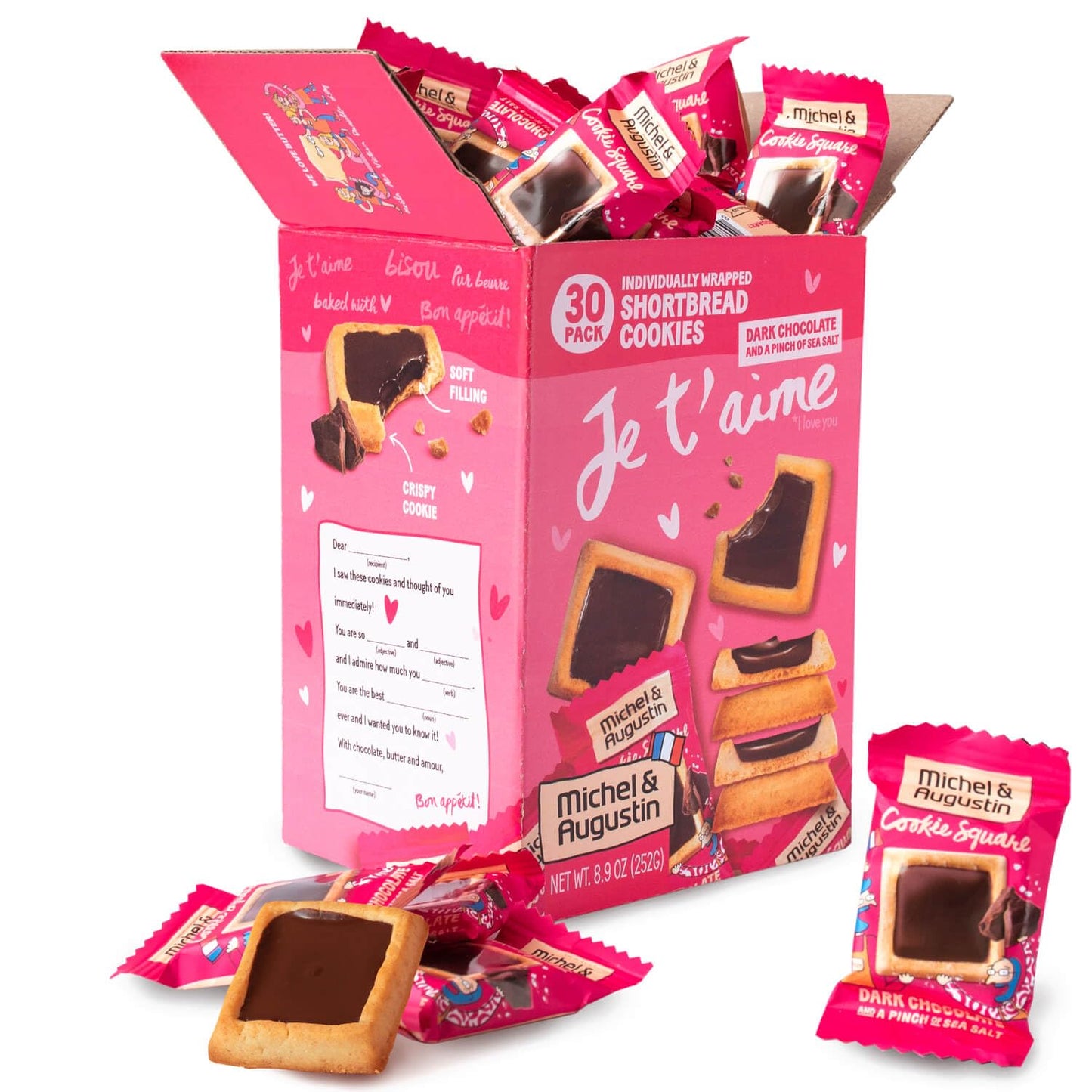 Michel et Augustin gourmet dark chocolate cookie squares, individually wrapped, 30-pack, French shortbread cookies with sea salt