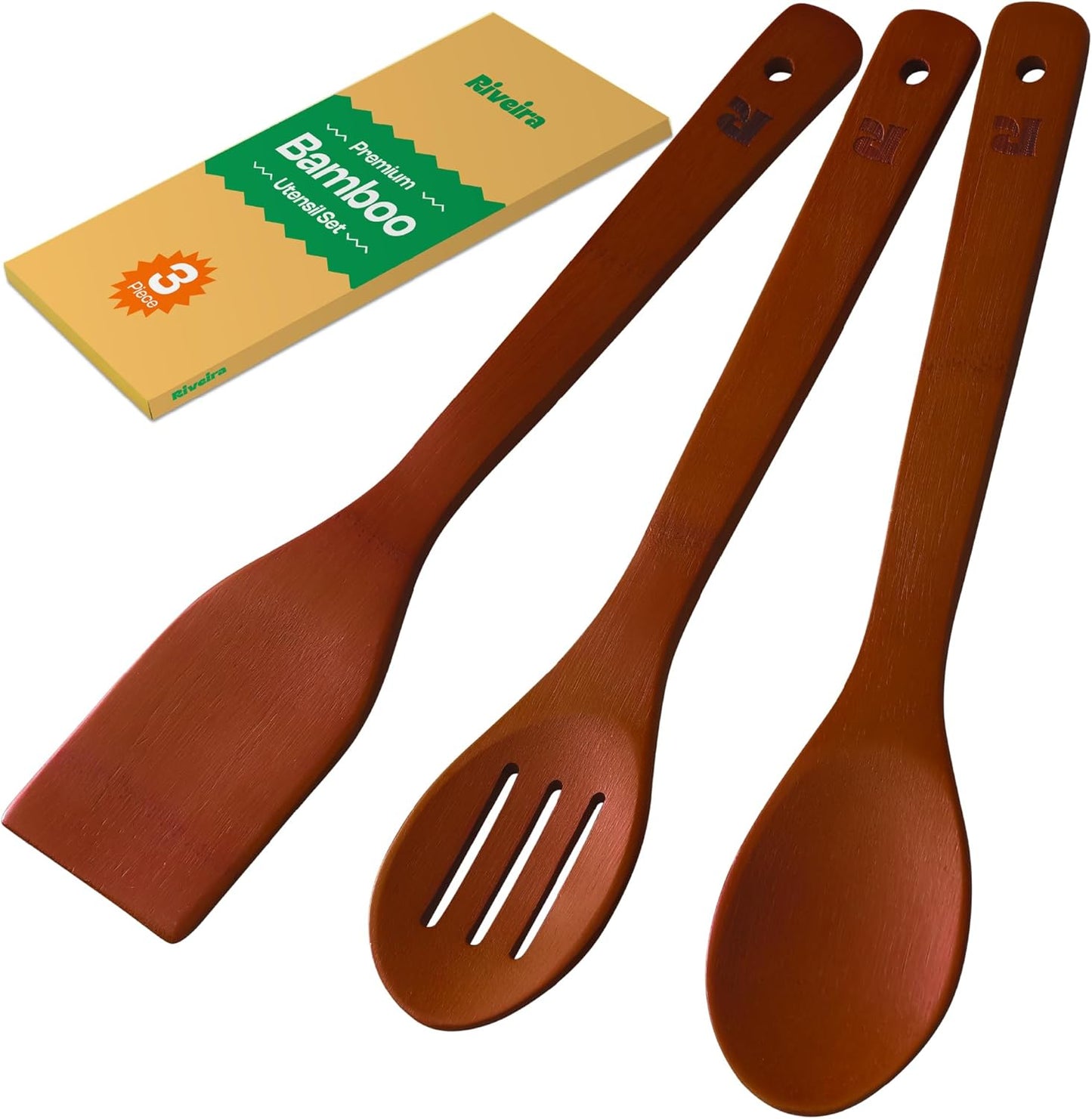 Riveira Bamboo Cooking Spoons 6-Piece – Wooden Cooking Utensils Set with Wooden Spoons for Cooking & Spatulas Wooden Utensil Sets – Premium Kitchen Utensils Set – Durable First Apartment Essentials