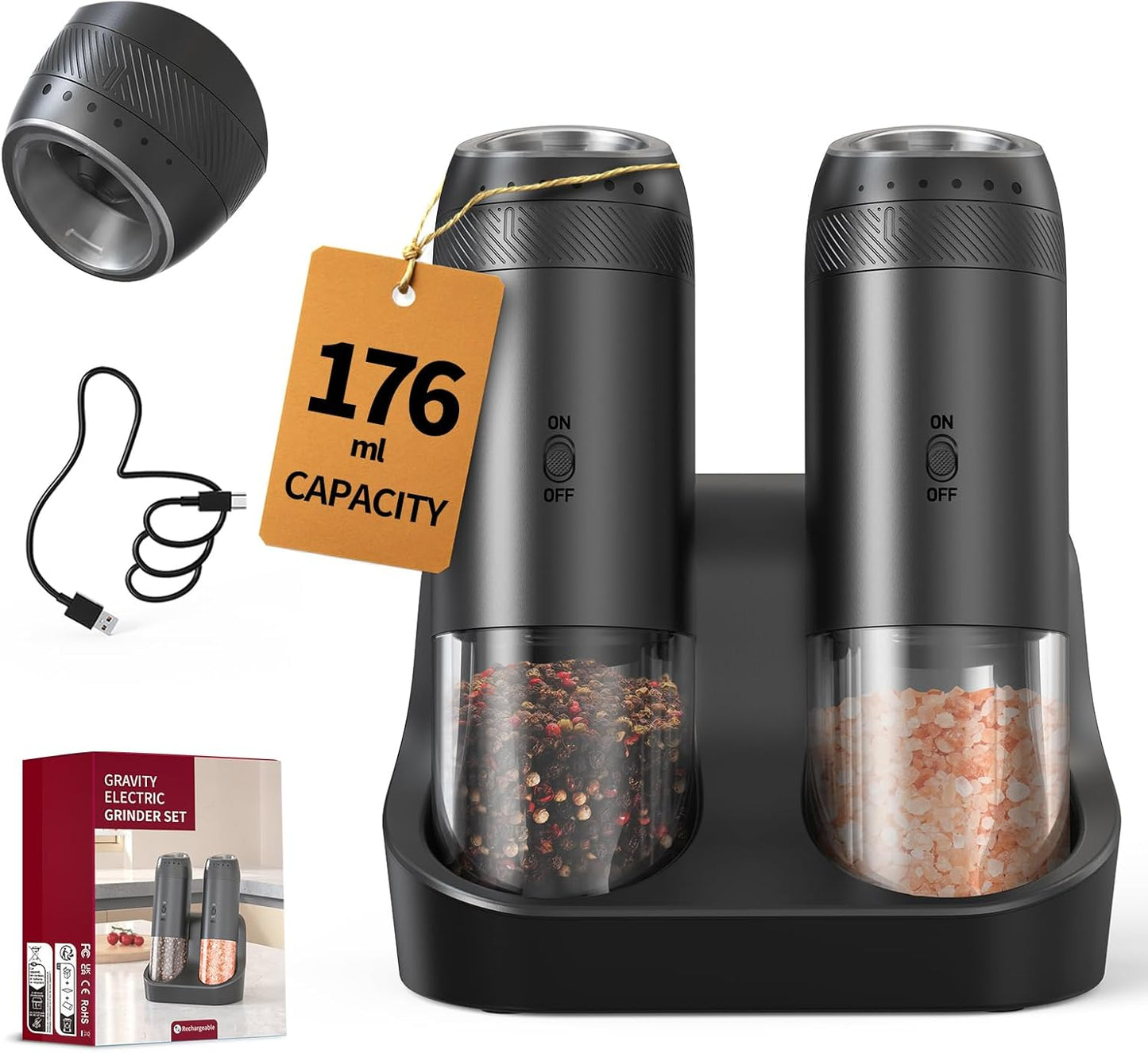 CIRCLE JOY Gravity Electric Salt and Pepper Grinder Set Automatic Salt and Pepper Grinder Set with LED Light, Battery Operated, Adjustable Coarseness, Large Capacity, for Home Kitchen BBQ