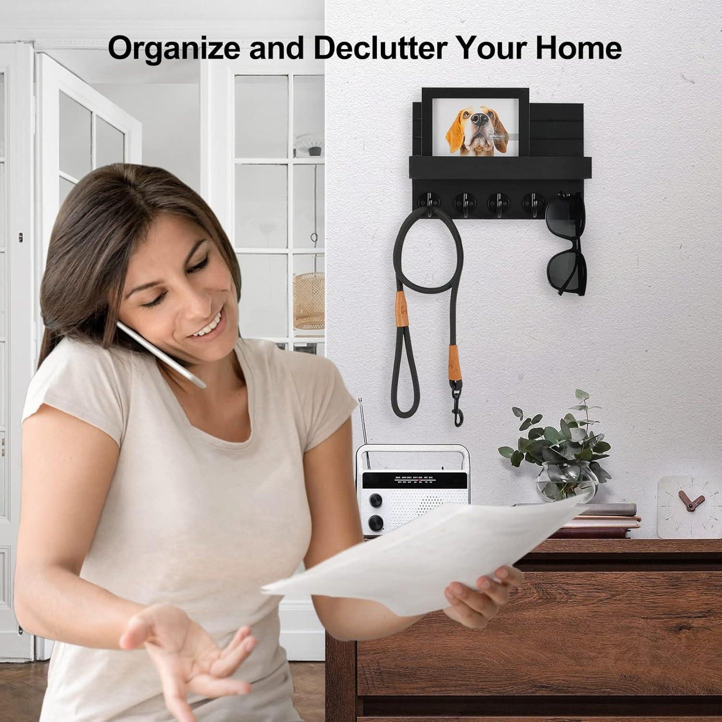 Wall Key Holder with Shelf, Hooks for Bags & Coats, Paulownia Wood, 9.8 x 6.7 x 4.2