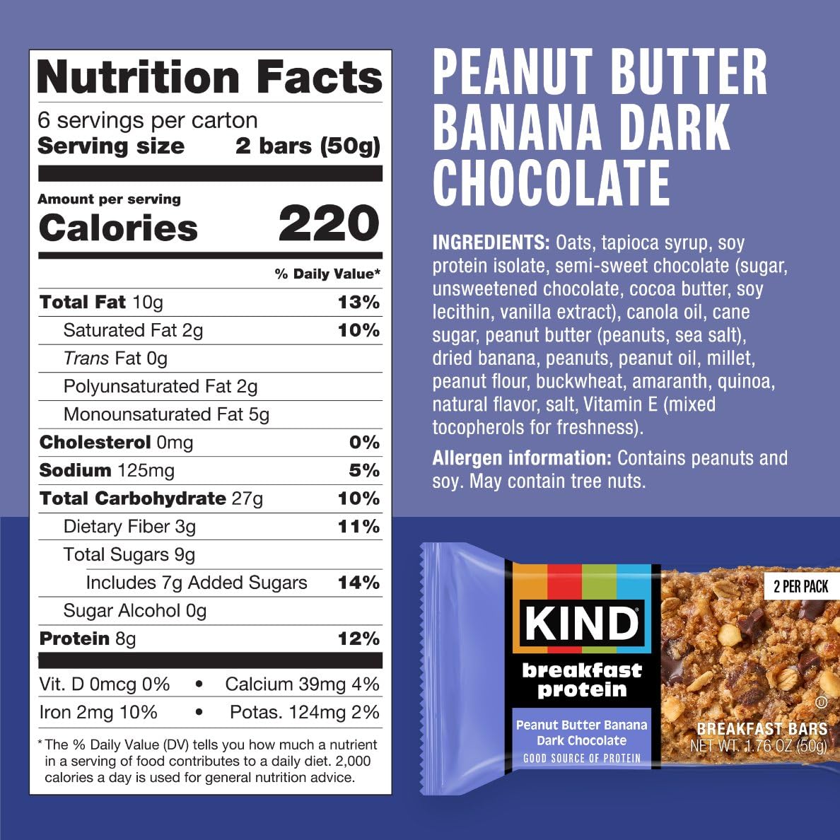 KIND Breakfast Protein Bars, Peanut Butter Banana Dark Chocolate, Gluten Free, Low Sodium, Healthy Snacks, 8g Protein, 6 Count (6 Packs of 2 Bars)