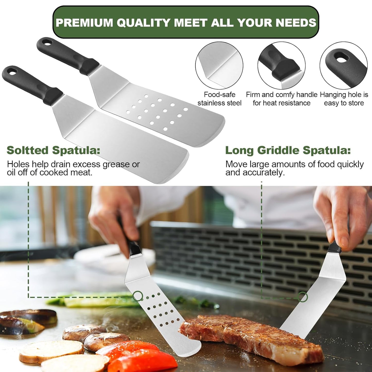 35PCS Griddle Accessories Kit, Flat Top Grill Accessories Set for Blackstone and Camp Chef, Grill Spatula Set with Enlarged Spatulas, Basting Cover, Scraper for Outdoor Barbecue