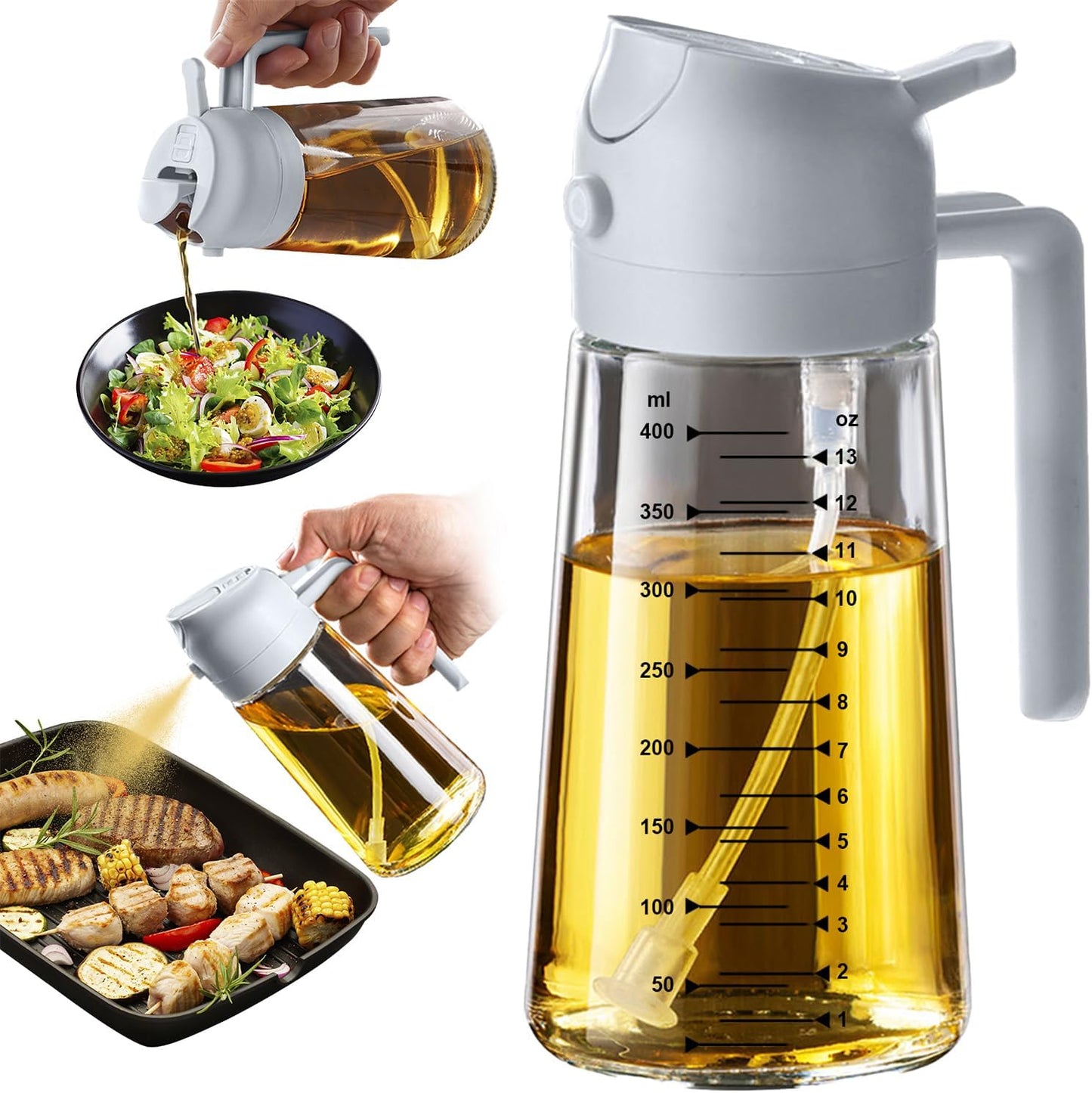 TrendPlain 16oz/470ml Glass Olive Oil Sprayer for Cooking – 2 in 1 Olive Oil Dispenser Bottle for Kitchen Gadgets and Air Fryer Accessories, Salad, BBQ - Black