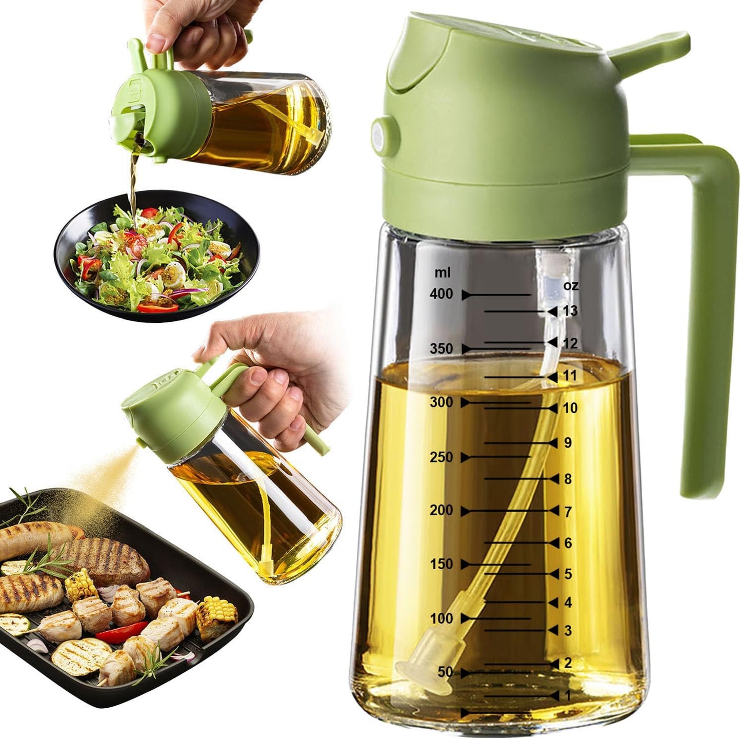 TrendPlain 16oz/470ml Glass Olive Oil Sprayer for Cooking – 2 in 1 Olive Oil Dispenser Bottle for Kitchen Gadgets and Air Fryer Accessories, Salad, BBQ - Black