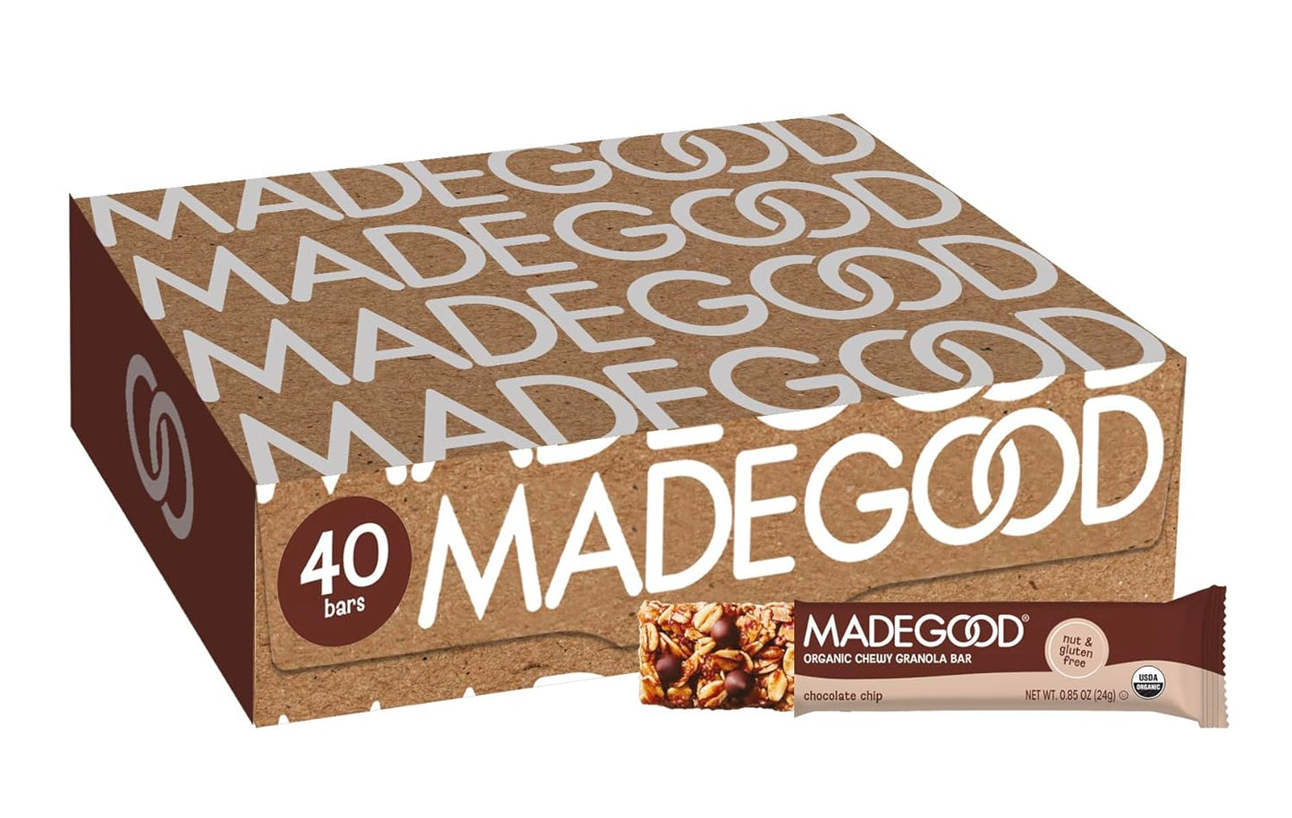 MadeGood Chocolate Chip Granola Bars, 40 Count (0.85oz Each) Contains Nutrients from Vegetables, Gluten Free Snacks