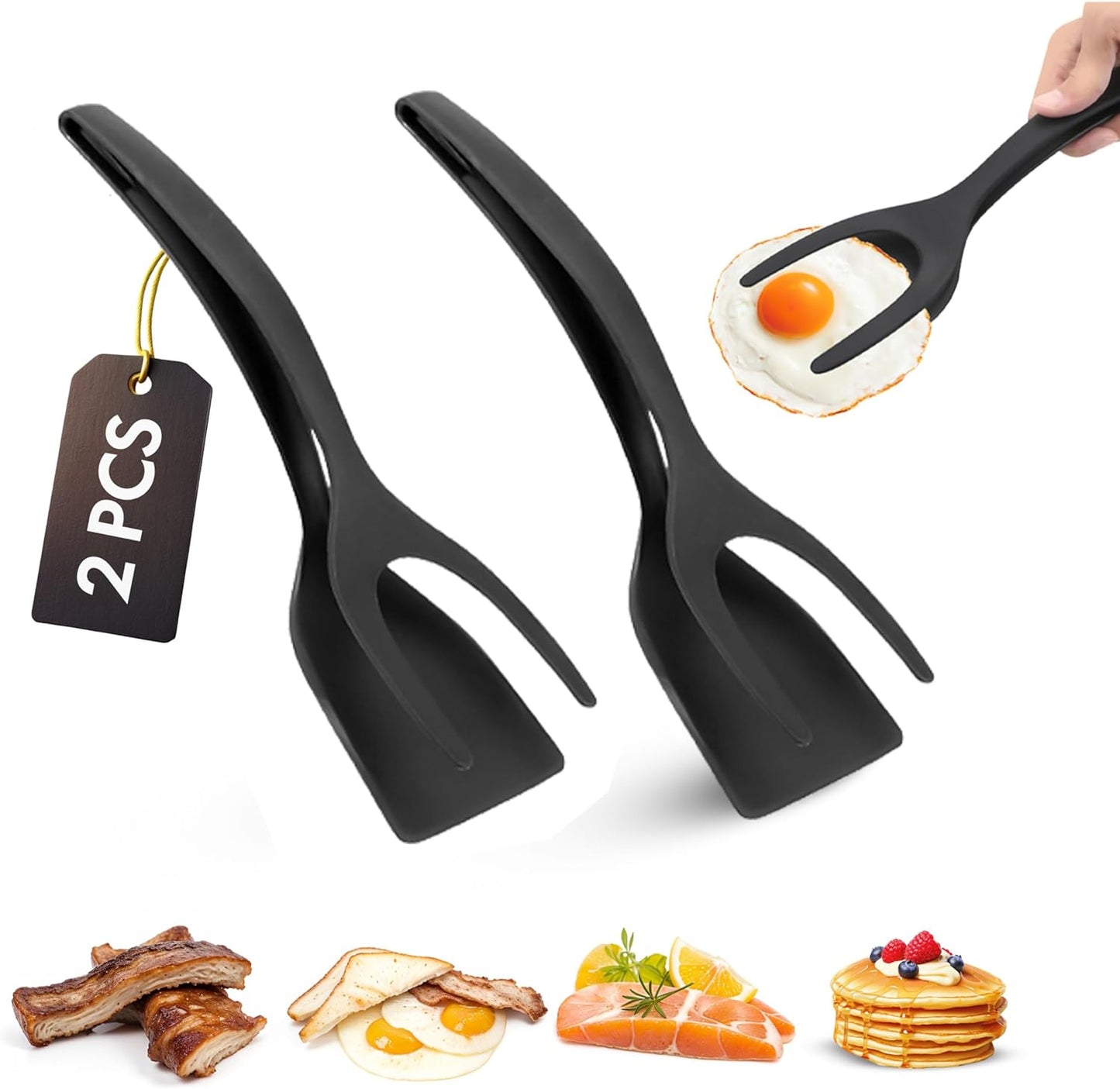 ZONZEST Egg Flipper Spatula Tongs (Set of 2) β Non-Stick 2-in-1 Grip & Flip Kitchen Tongs for Pancakes, Fish, Eggs, and More β Heat Resistant Cooking Tool (Black)