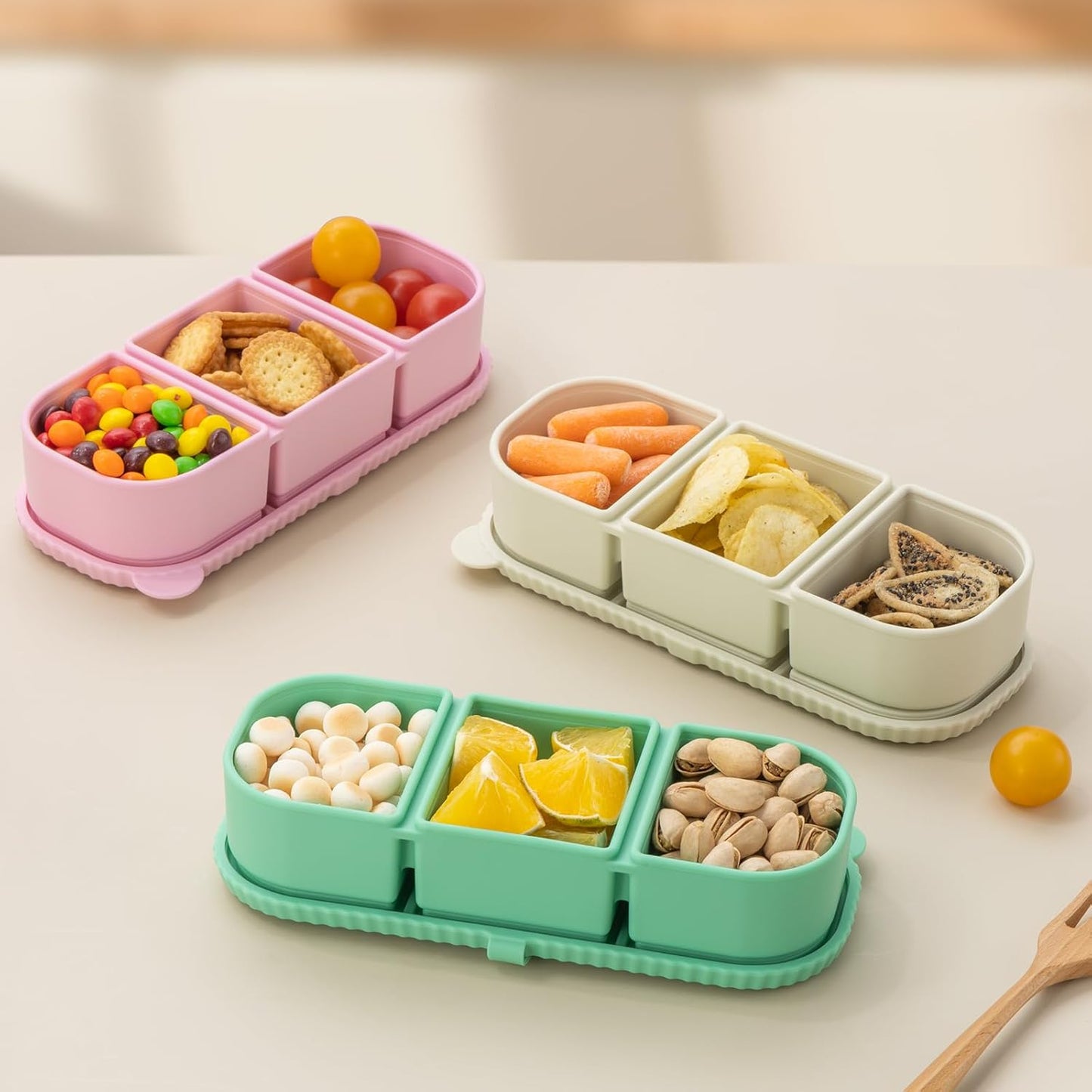 3Pack Silicone Reusable Snack Containers for Kids - 14 oz 3 Compartment Small Snackle Box with Lids for Lunch & Sauce, Food Storage for School, Travel, Work