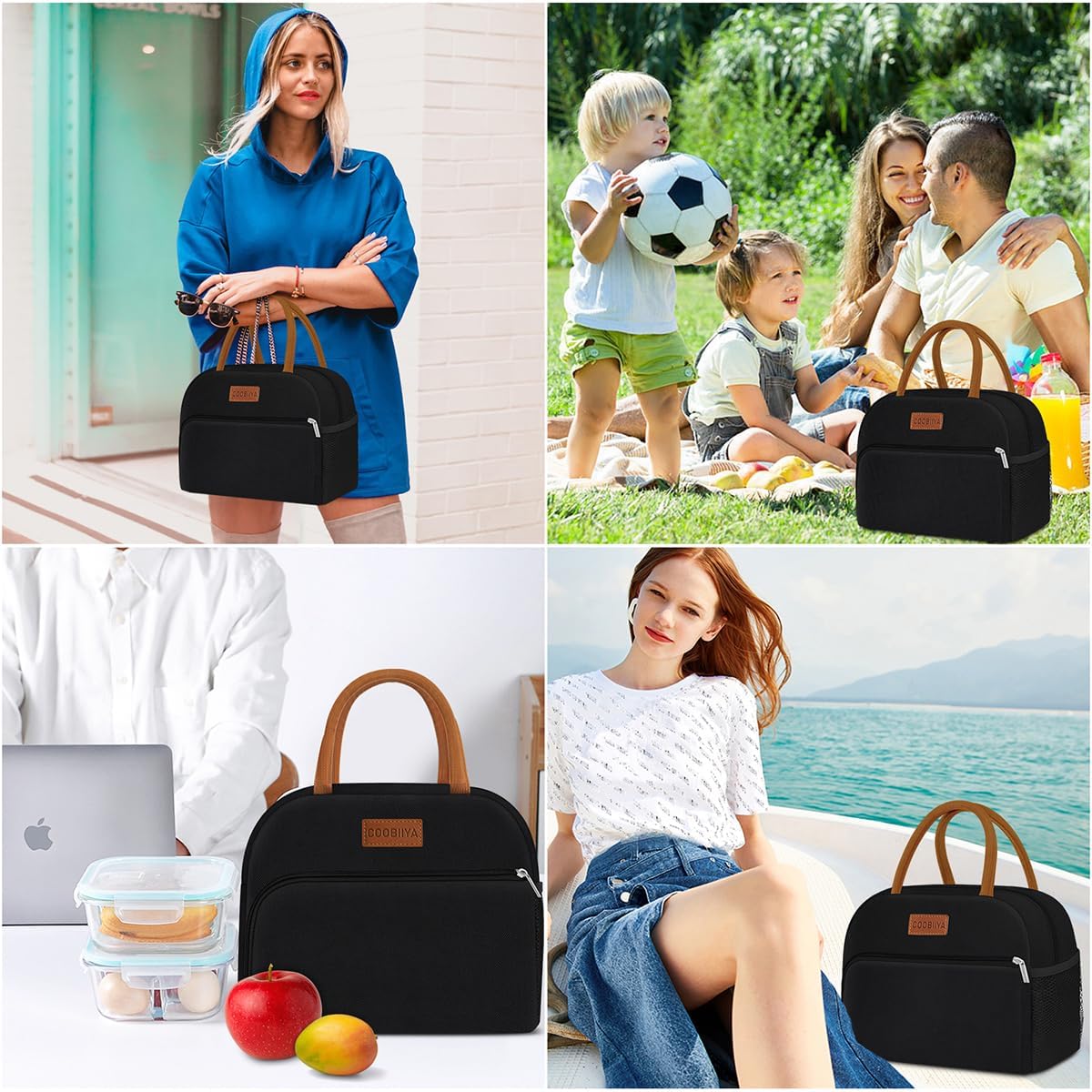 Coobiiya Lunch Box Lunch Bag for Women Adults Men, Reusable Cute Lunch Pail bag - Leakproof, Insulated Lunch Box Tote with Large Capacity, Cooler Lunch Container for Work/Travel/Office (Black)