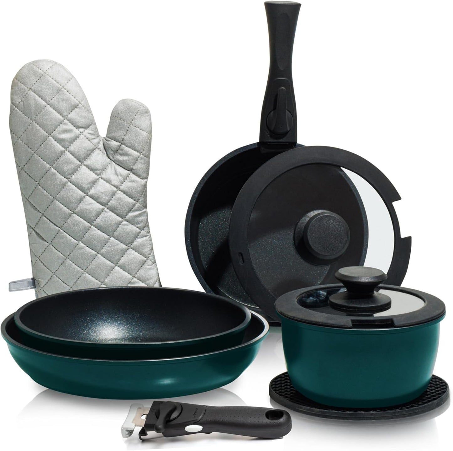 Moss & Stone Copper Pots And Pans Set Nonstick, Removable Handle Cookware, Stackable Pots And Pans Set, Dishwasher safe, Induction Pots And Pans, Camping Cookware Set, Aluminum (7 Pcs)