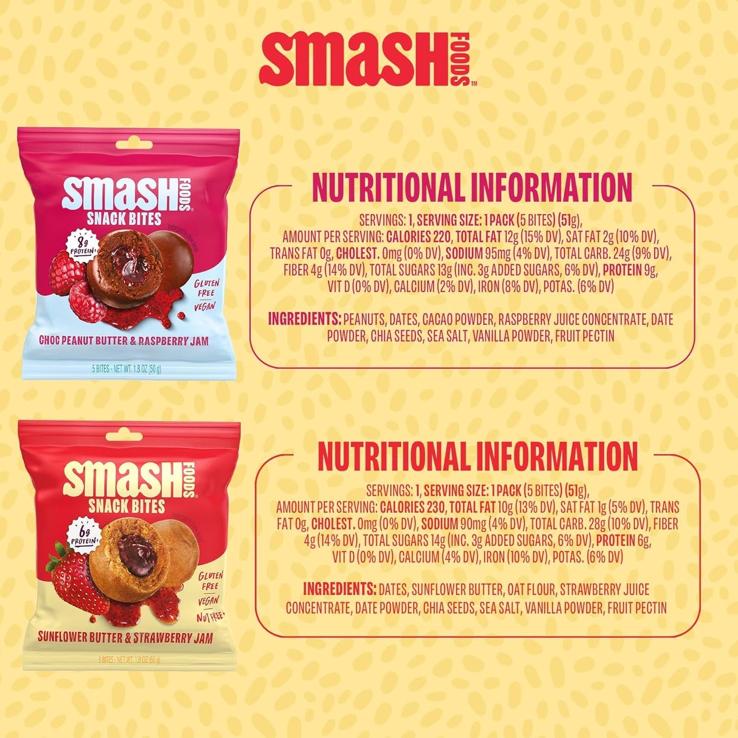 Smash Foods Variety Snack Bites to Go - Gluten Free Vegan Protein Balls Made with Nut Butters and Superfood Jam with Chia Seeds 8 Packs