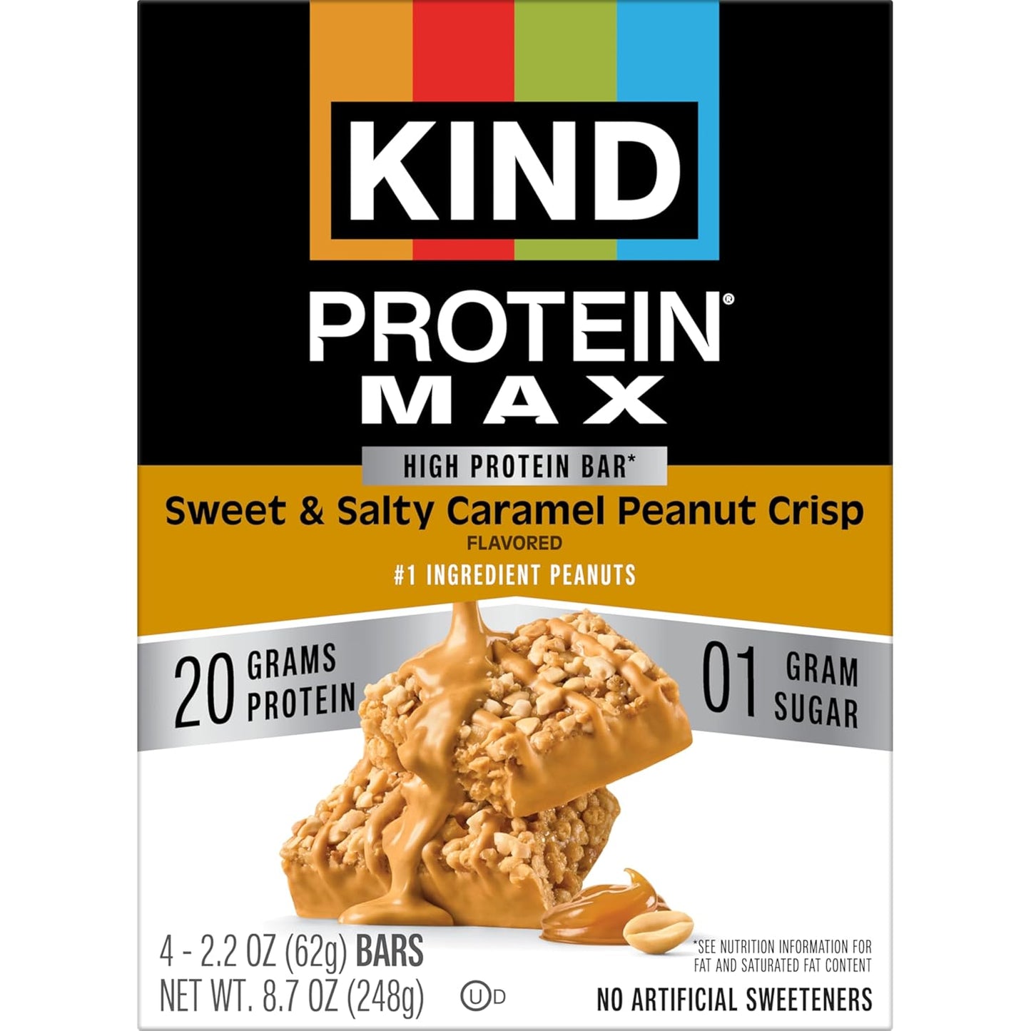 KIND Protein MAX Bars, Sweet & Salty Caramel Peanut Crisp, Gluten Free, Low Sugar, High Fiber Snacks, 20g Protein, 4 Count