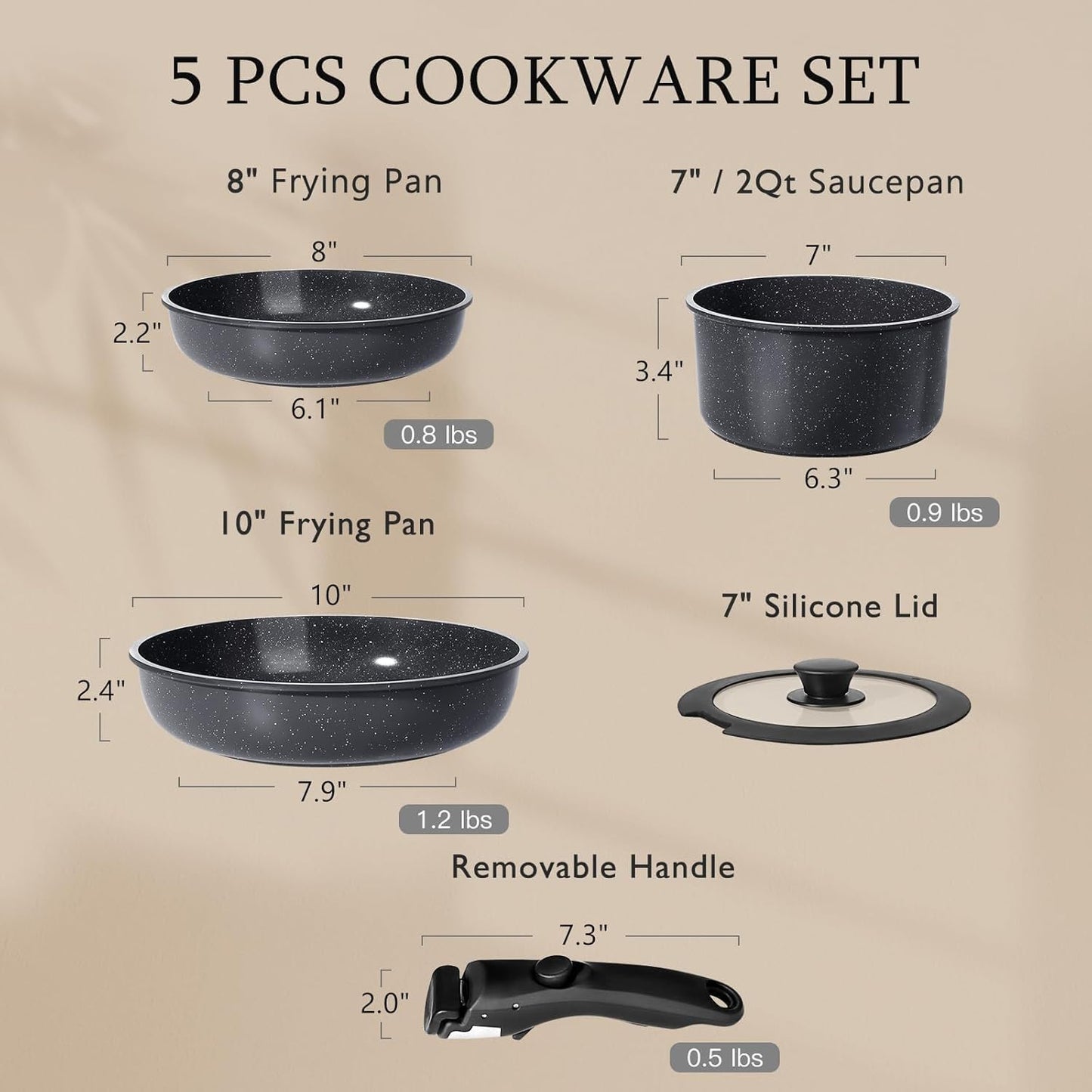 GiPP Ceramic Pots and Pans Set Non Stick, Nonstick Detachable Handle Cookware Sets, Non Toxic Induction Kitchen Pot and Pan with Removable Handle, Healthy RV Cookware, Dishwasher &Oven Safe, 5 Piece