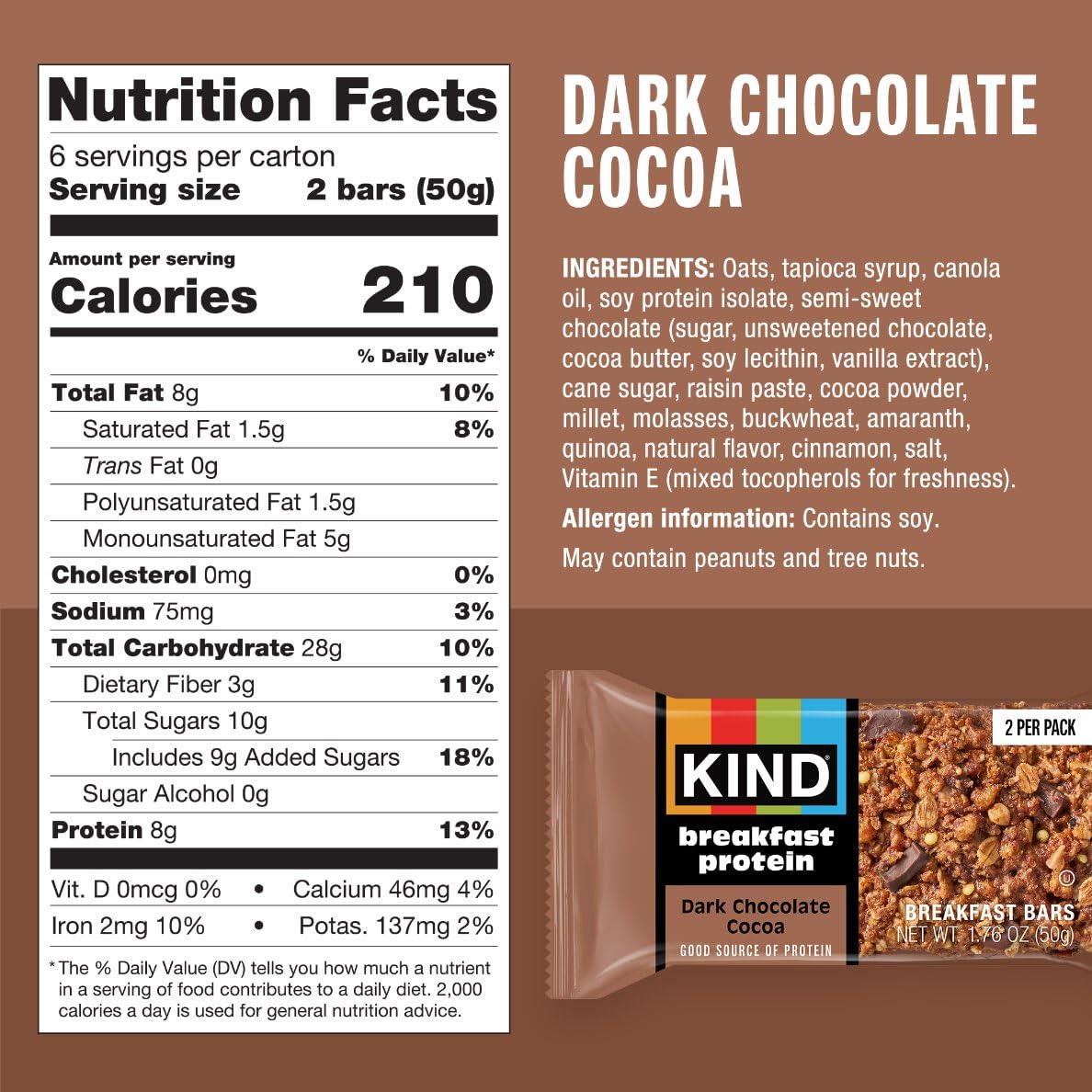 KIND Breakfast Protein Bars, Dark Chocolate Cocoa, Gluten Free, Low Sodium, Healthy Snacks, 8g Protein, 30 Count (30 Packs of 2 Bars)