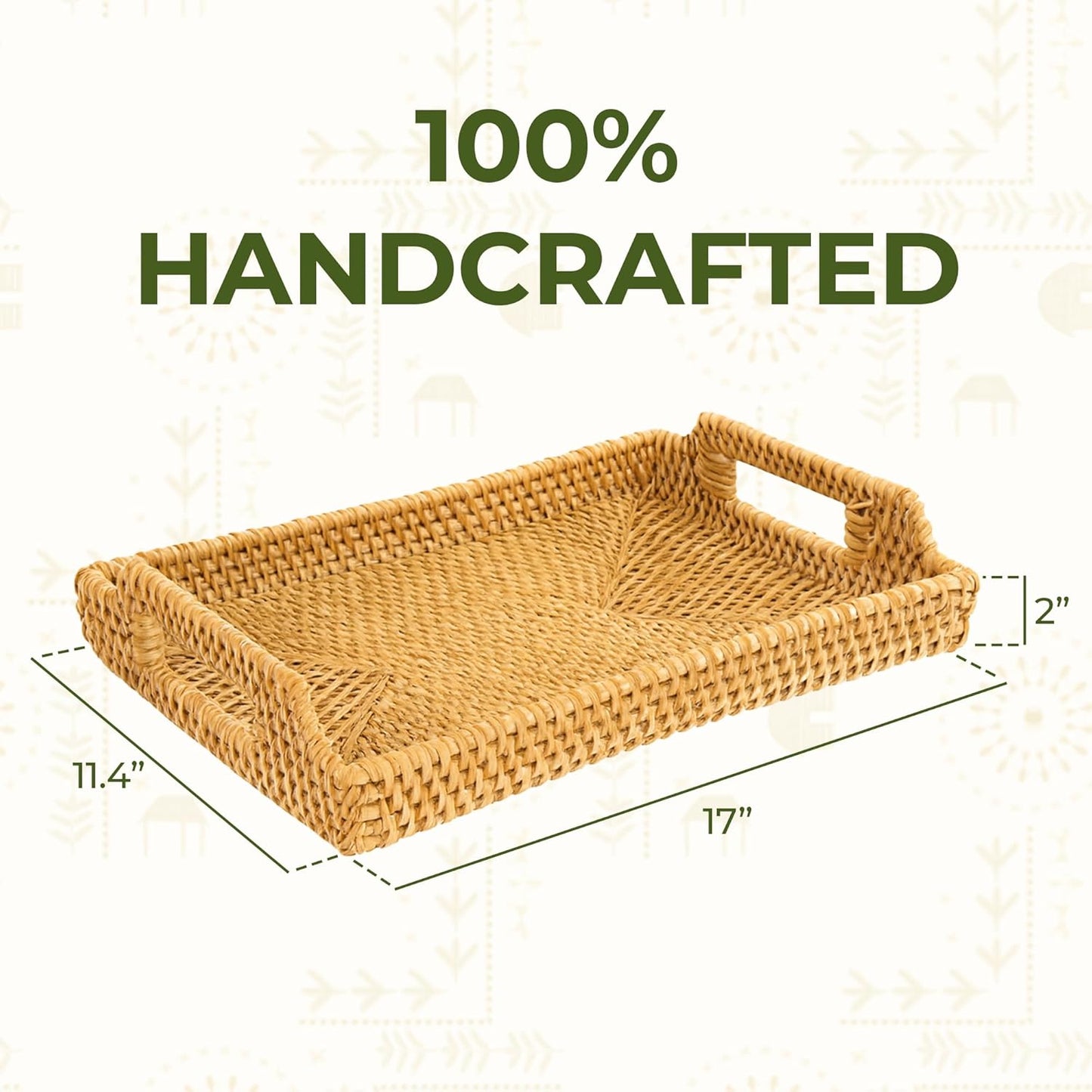 Rattan Serving Tray with Handles (11.4 x 16.9 x 2 in) โ Handwoven Wicker Tray for Coffee Table, Breakfast, Ottoman & Home Decor, Natural Woven Tray