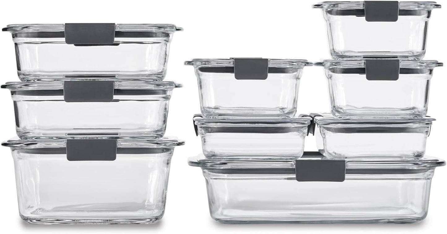 Rubbermaid Brilliance Glass Food Storage set of 4 containers 8 total pieces (4 containers + 4 lids) for Lunch Meal Prep and Leftovers Dishwasher and Oven Safe Clear/Grey
