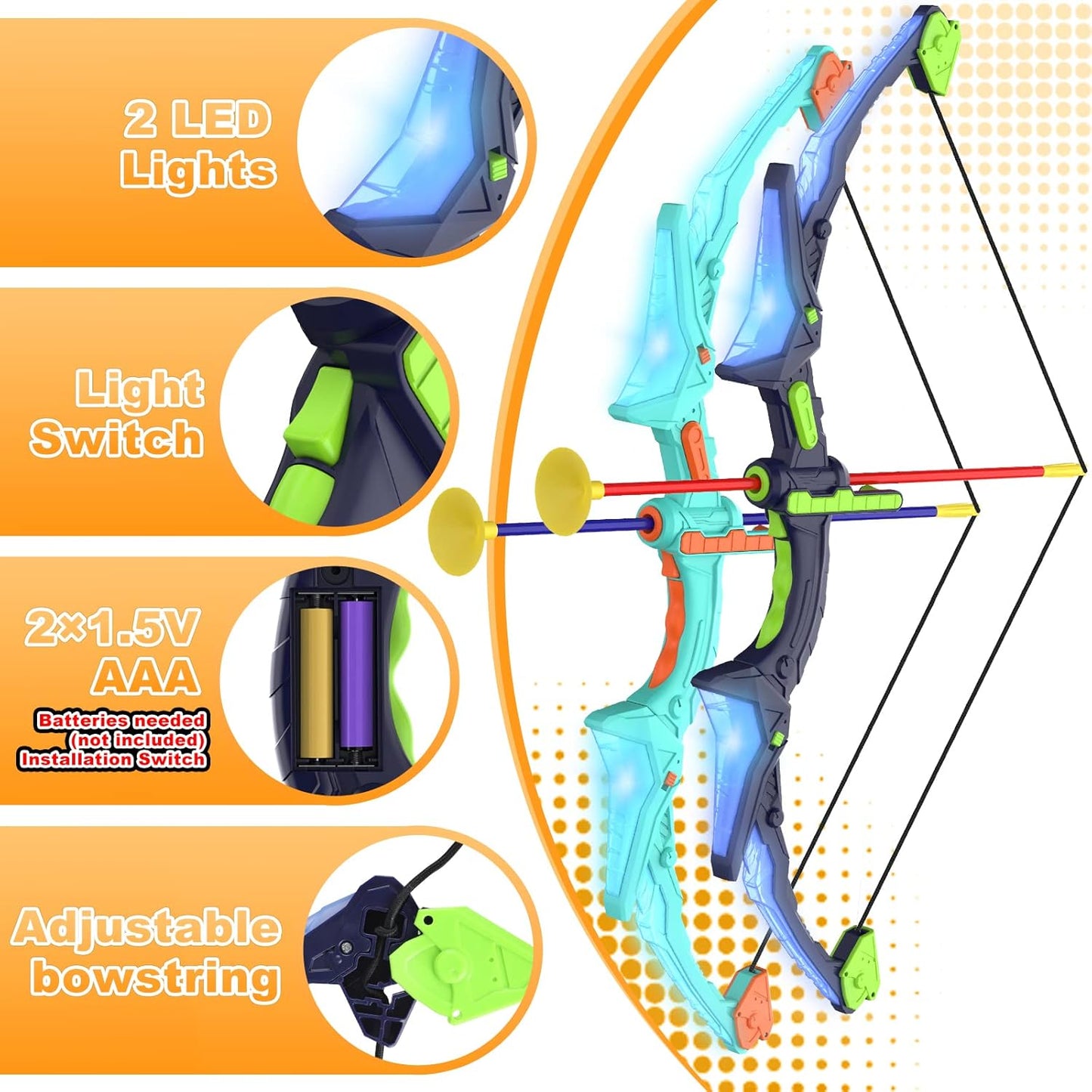 2 Pack Kids Bow and Arrow Set with LED Flash Lights, 14 Suction Cup Arrows and Fluorescence Standing Target-Perfect Indoor and Outdoor Game Archery Set Toy Gift for 4 5 6 7 8-12 Year Old Boys