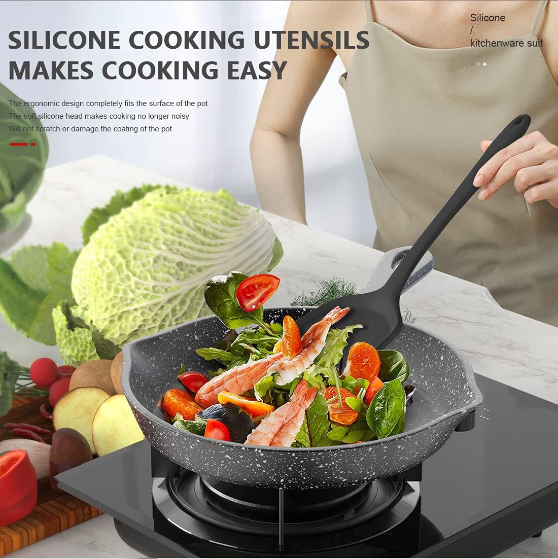 AOTHOD Silicone Cooking Utensils Set - 446°F Heat Resistant Kitchen Utensils,Turner Tongs,Spatula,Spoon,Brush,Whisk,Kitchen Utensil Gadgets Tools Set for Nonstick Cookware,Dishwasher Safe (BPA Free)