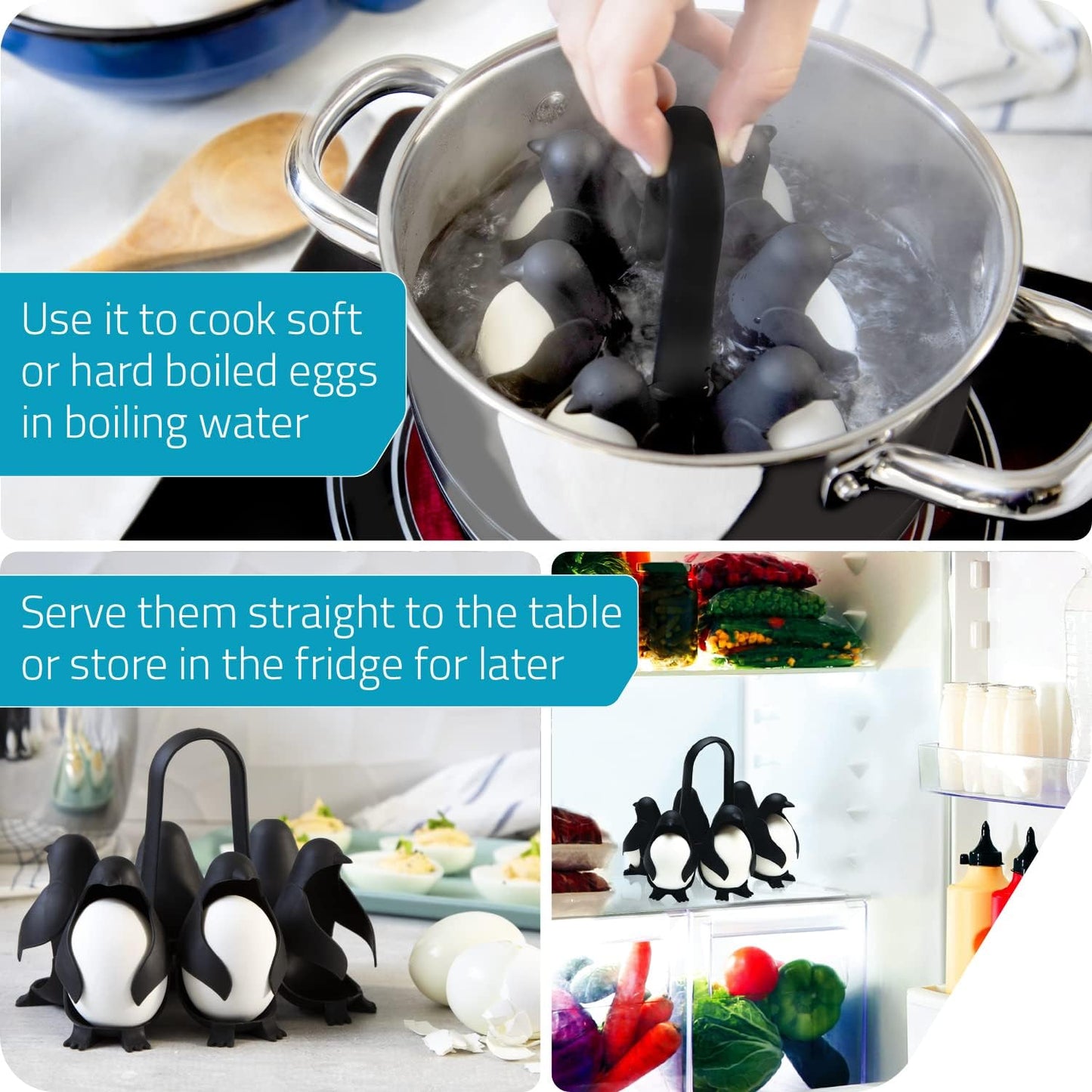 PELEG DESIGN Egguins 3-in-1 Cook, Store and Serve Egg Holder, Penguin-Shaped Boiled Egg Cooker for Making Soft or Hard Boiled Eggs, Eggies, Holds 6 Eggs for Easy Cooking and Fridge Storage