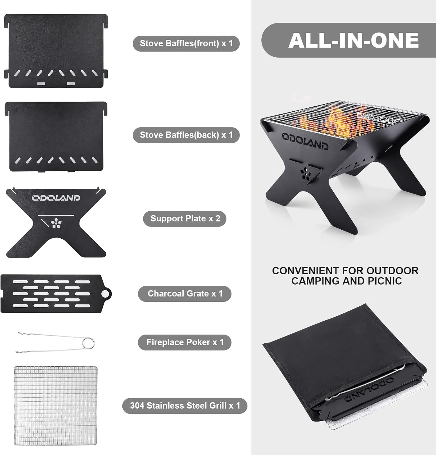 Odoland Camping Campfire Grill, Portable Folding Charcoal Grills, Backpacking BBQ Grill, Heavy Duty Firepit Grill with Carry Bag for Outdoor Cooking, Bonfire, Patio, Backyard