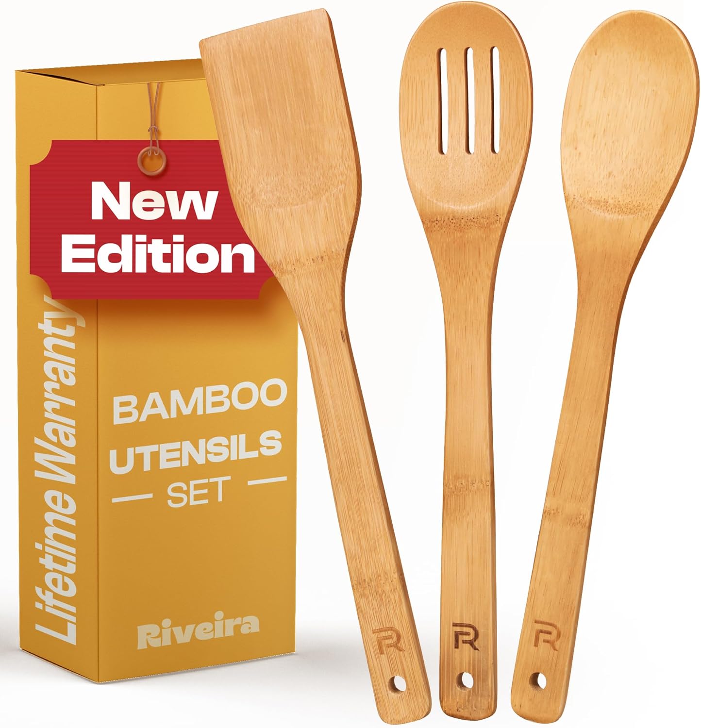 Riveira Bamboo Cooking Spoons 6-Piece – Wooden Cooking Utensils Set with Wooden Spoons for Cooking & Spatulas Wooden Utensil Sets – Premium Kitchen Utensils Set – Durable First Apartment Essentials