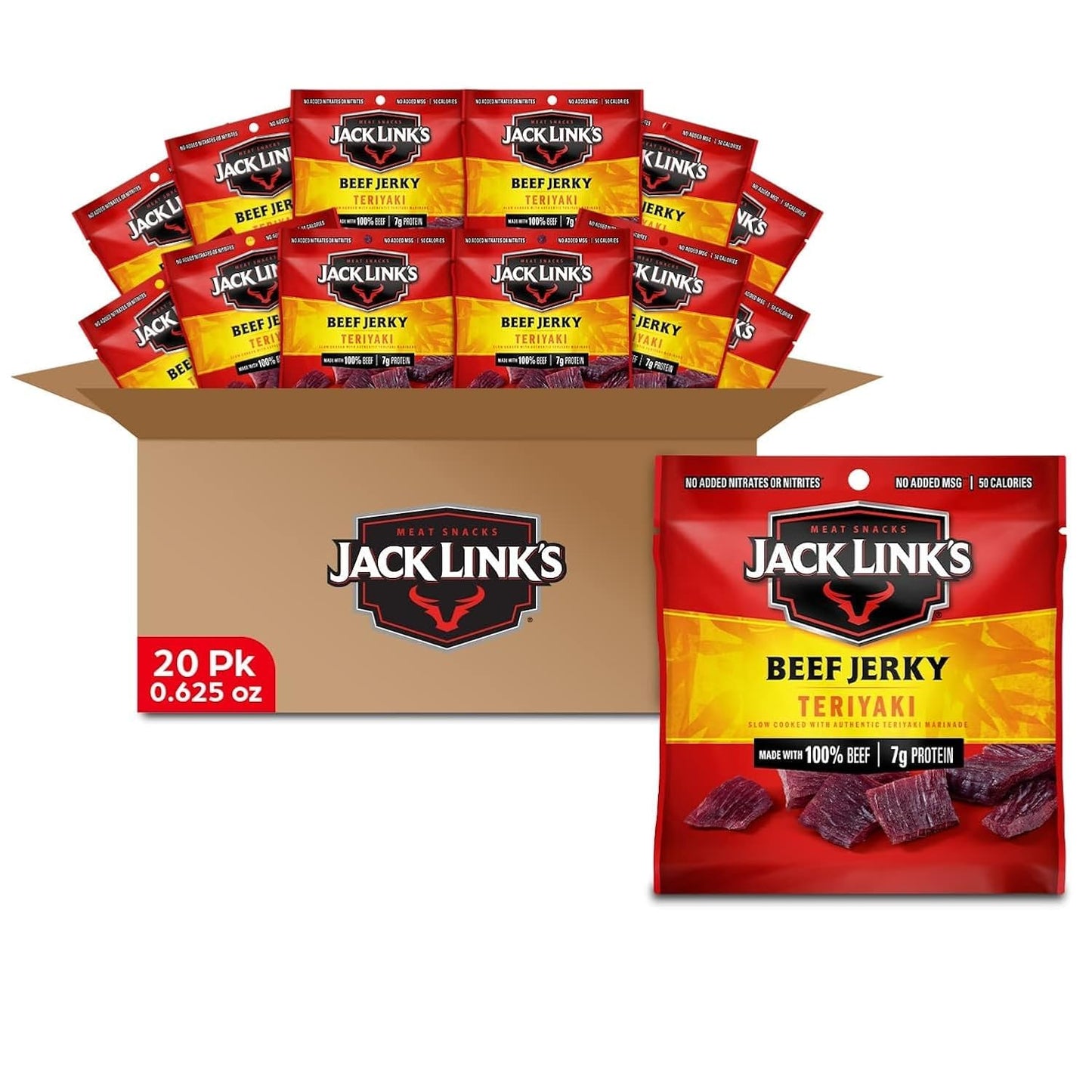 Jack Link's Teriyaki Beef Jerky Multipack - (5 Pack) 0.625 oz Bags - Ready to Eat Real Meat Protein Snacks - 7g Protein per Serving - Made with 100% Real Beef