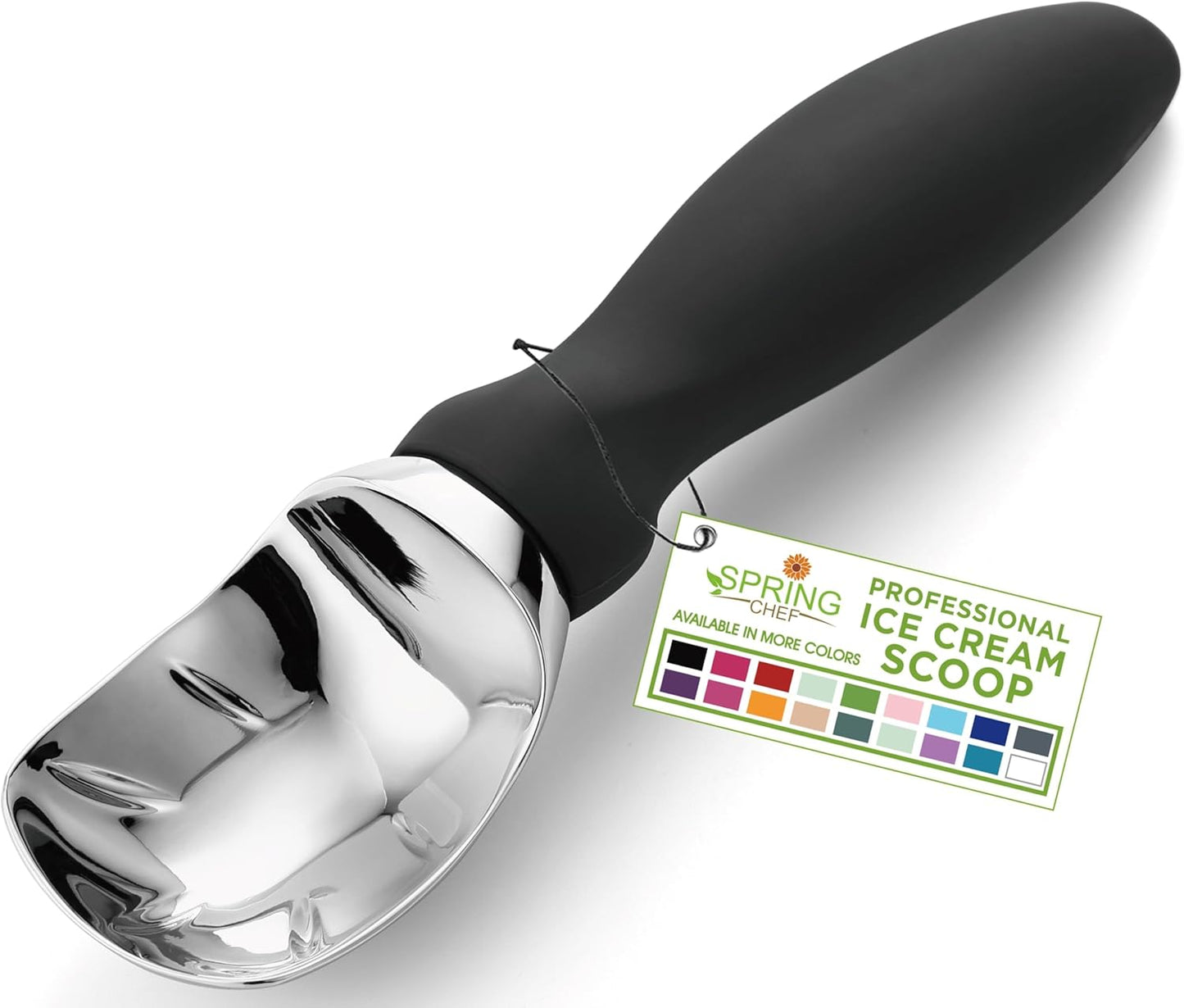 Spring Chef Heavy Duty Ice Cream Scoop with Comfortable Handle - Professional Ice Cream Scooper for Gelato, Sorbet, Cookie Dough, Melon, Frozen Yogurt - Dishwasher Safe Metal Kitchen Tool - Black