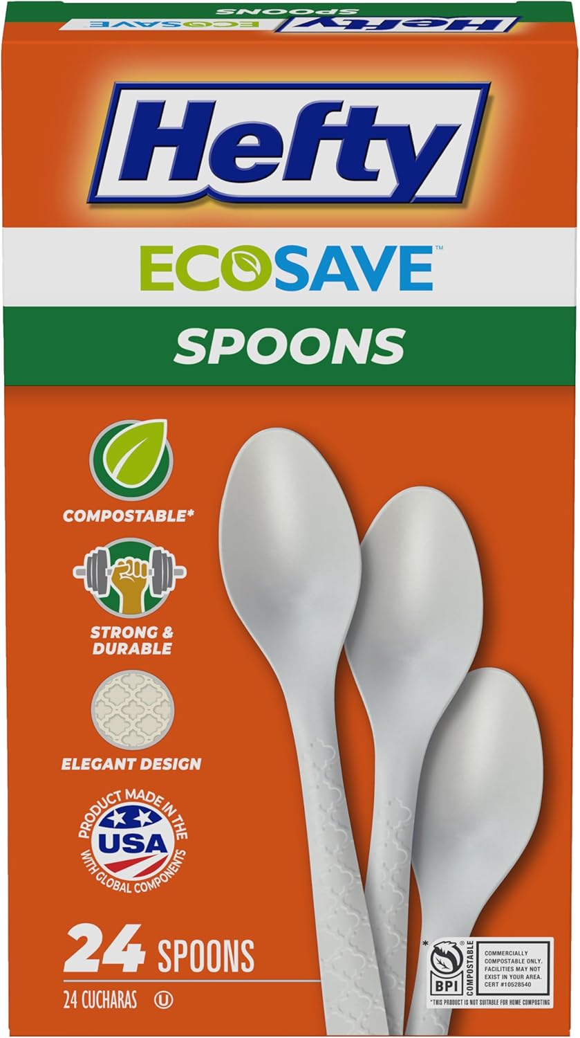 Hefty ECOSAVE Compostable Assorted Cutlery Set, Utensils for BBQs, Tailgates, Camping, Parties, and More, Includes 8 Forks, 8 Spoons, and 8 Knives, Compostable, Sustainable Design, 24 Count