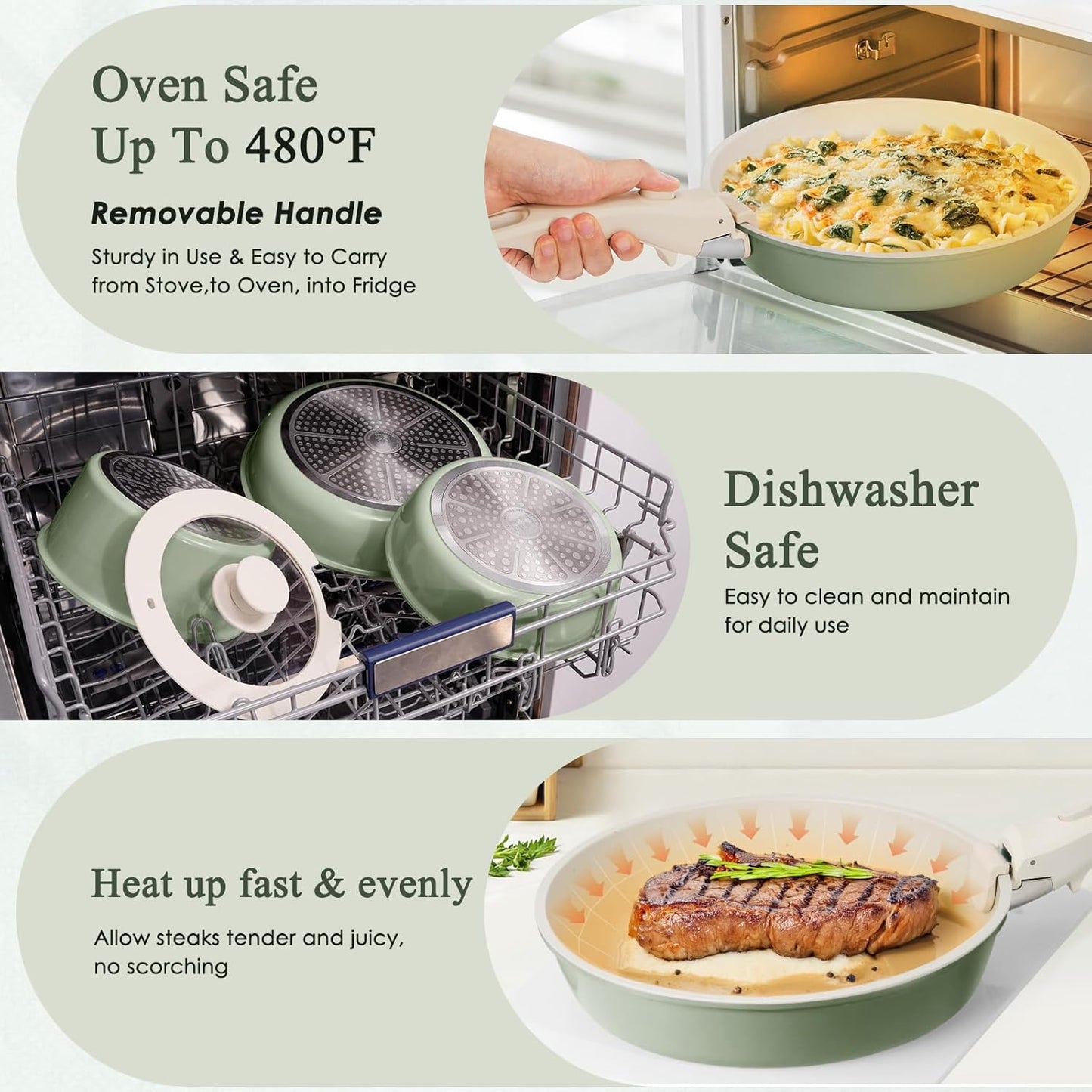 KIKCOIN Pots and Pans Set Nonstick, Ceramic Cookware Set Detachable Handle, Induction Kitchen Cookware Set with Removable Handle, Healthy Non Stick RV Cookware, Dishwasher & Oven Safe, PFOA Free