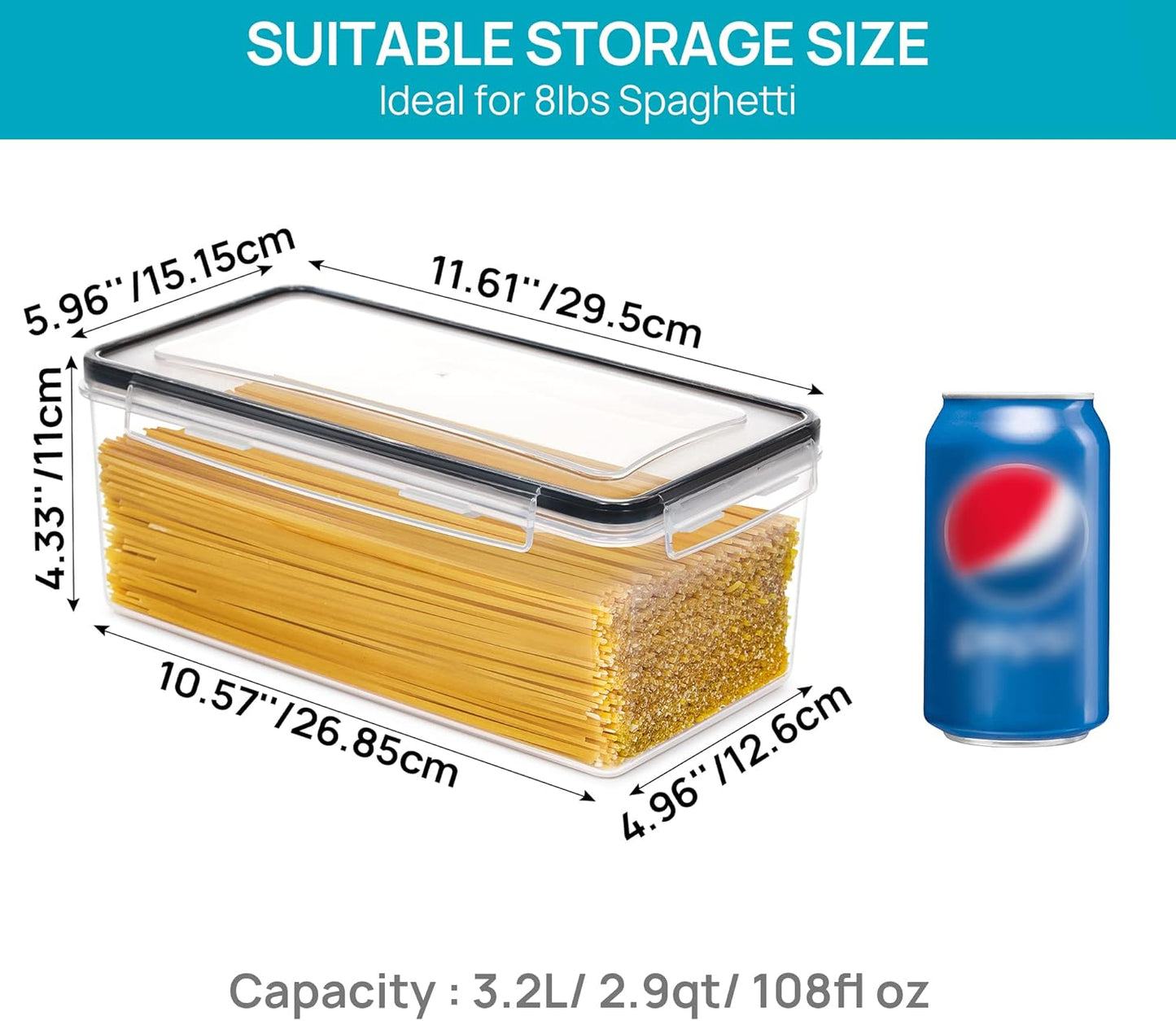 Vtopmart Airtight Food Storage Containers with Lids 8PCS Set 3.2L, Plastic Spaghetti Container for Pasta organizer, BPA Free Air Tight House Kitchen Pantry Organization