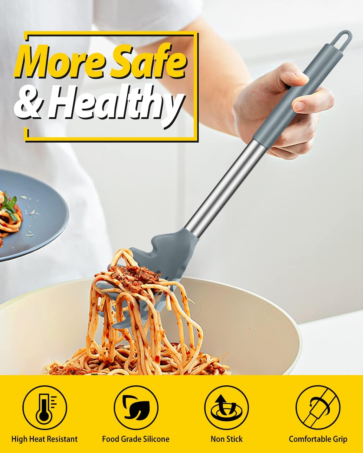 Pack of 2 Silicone Pasta Fork, Kitchen Heat Resistant Noodle Spoon Server, BPA Free Spaghetti Strainer, Best Cooking Tools (GRAY-BLUE)