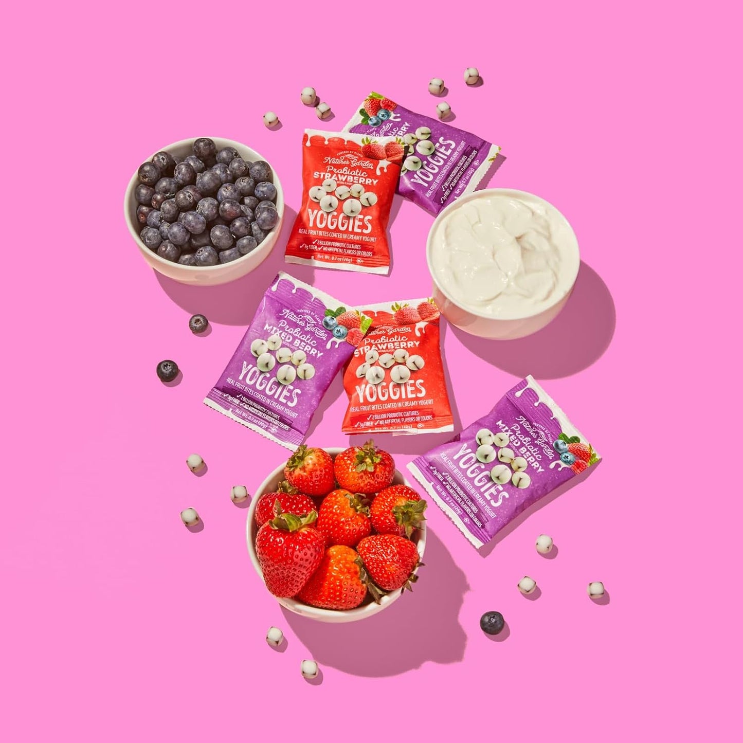 Nature's Garden Probiotic Variety Pack Yoggies 21oz (30 x 0.7oz) Pack of 2 (Strawberry Yoggies 15x0.7 oz +Mixed Berry Yoggies 15x0.7 oz) Yogurt Covered Fruit Snacks, High Fiber, Real Fruit Pieces, Office Snack Variety Packs For Adults, Gluten Free