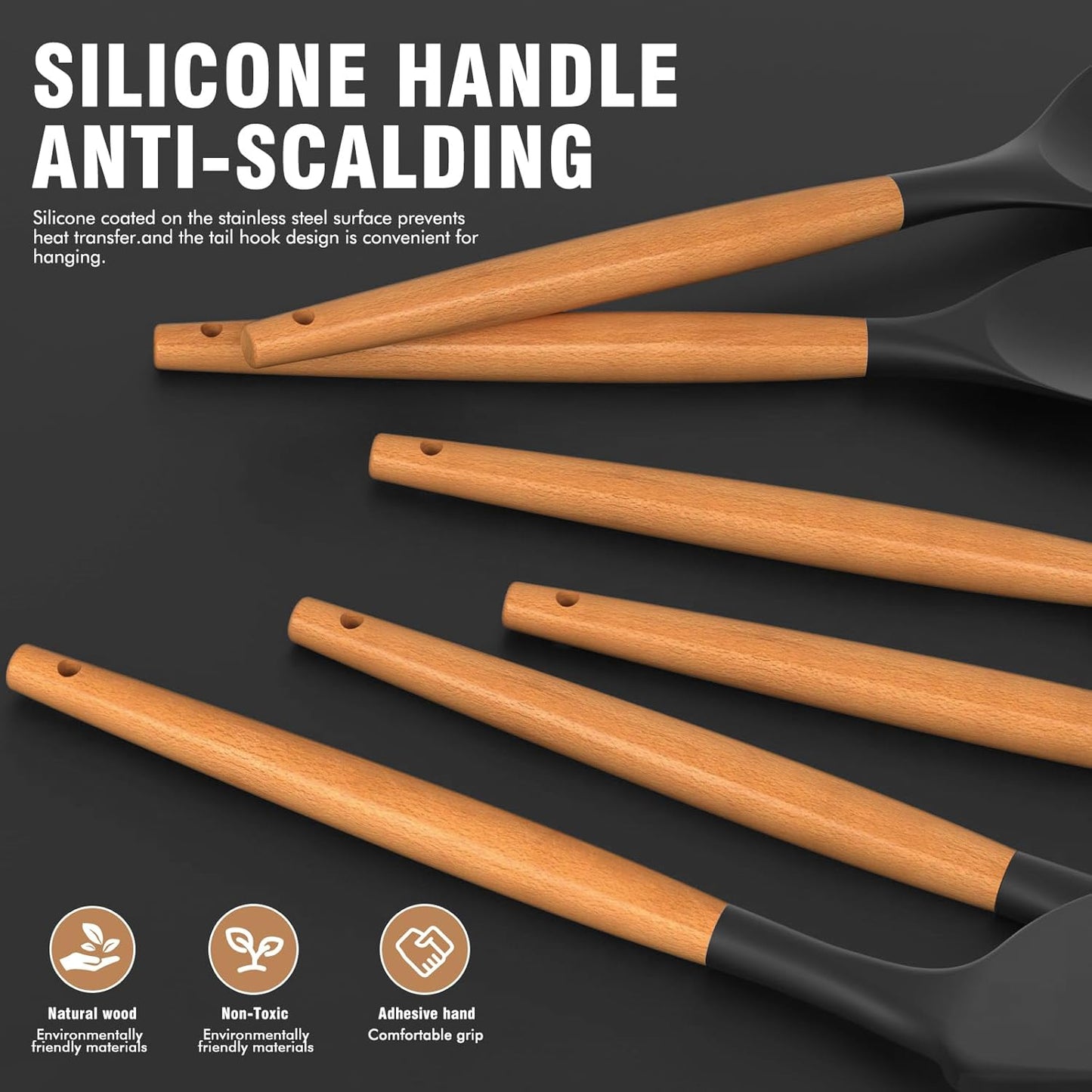 AVGPD Silicone Cooking Utensils Set with Wooden Handles – BPA‑Free